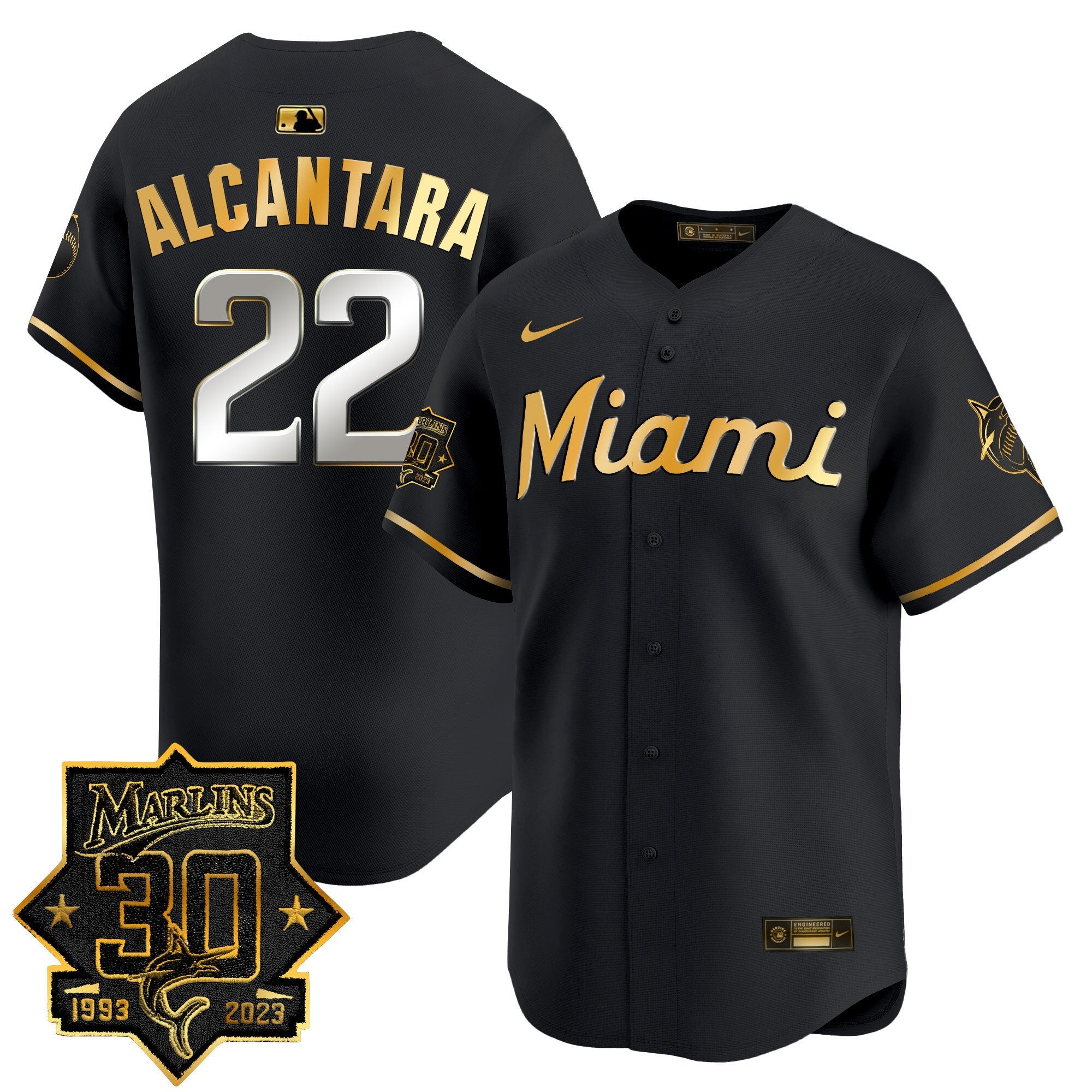 Men's Miami Marlins 30 Seasons Anniversary Patch Vapor Premier Limited Jersey - All Stitched - Black Gold, Sandy Alcantara