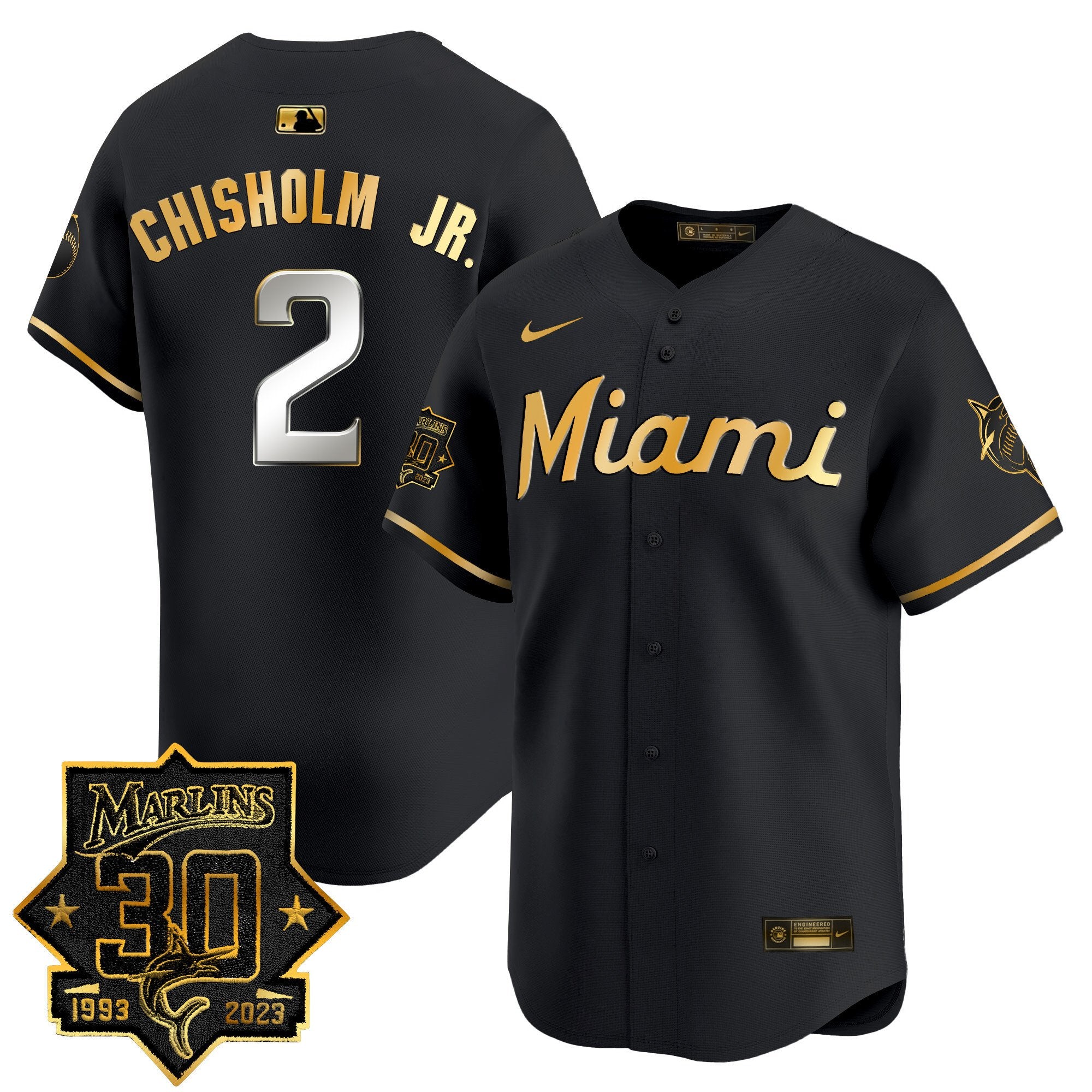Men's Miami Marlins 30 Seasons Anniversary Patch Vapor Premier Limited Jersey - All Stitched - Black Gold, Jazz Chisholm Jr.