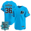 Men's Miami Marlins 30 Seasons Anniversary Patch Vapor Premier Limited Jersey - All Stitched - Blue, Jake Burger