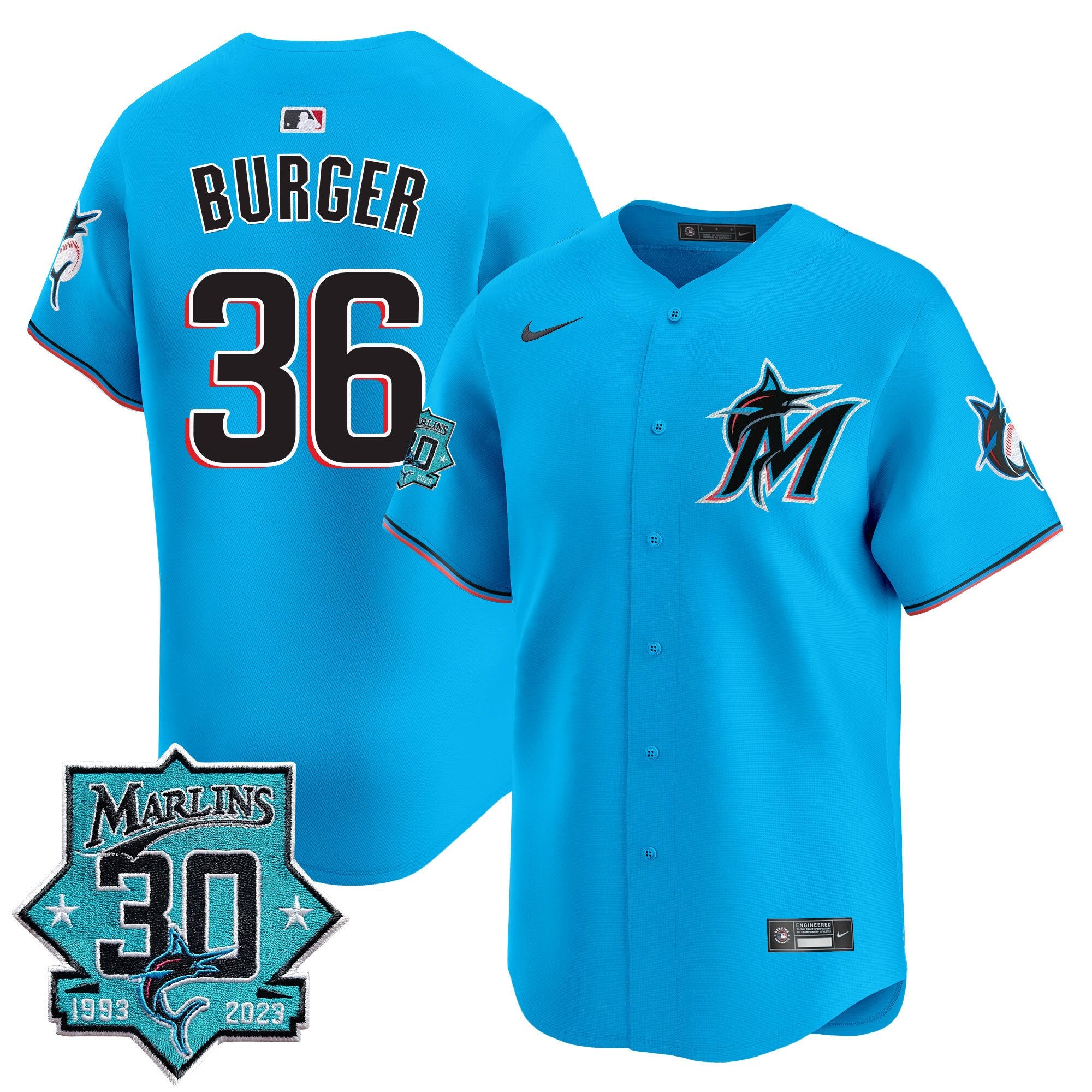 Men's Miami Marlins 30 Seasons Anniversary Patch Vapor Premier Limited Jersey - All Stitched - Blue, Jake Burger