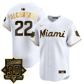 Men's Miami Marlins 30 Seasons Anniversary Patch Vapor Premier Limited Jersey - All Stitched - White Gold, Sandy Alcantara