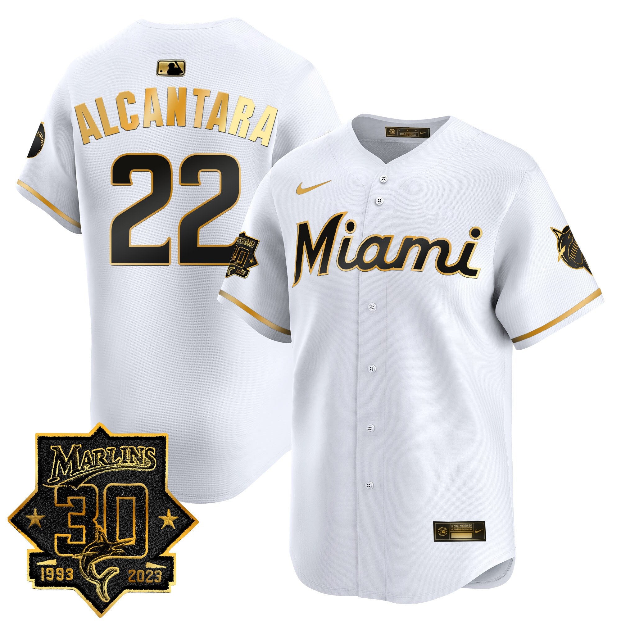 Men's Miami Marlins 30 Seasons Anniversary Patch Vapor Premier Limited Jersey - All Stitched - White Gold, Sandy Alcantara
