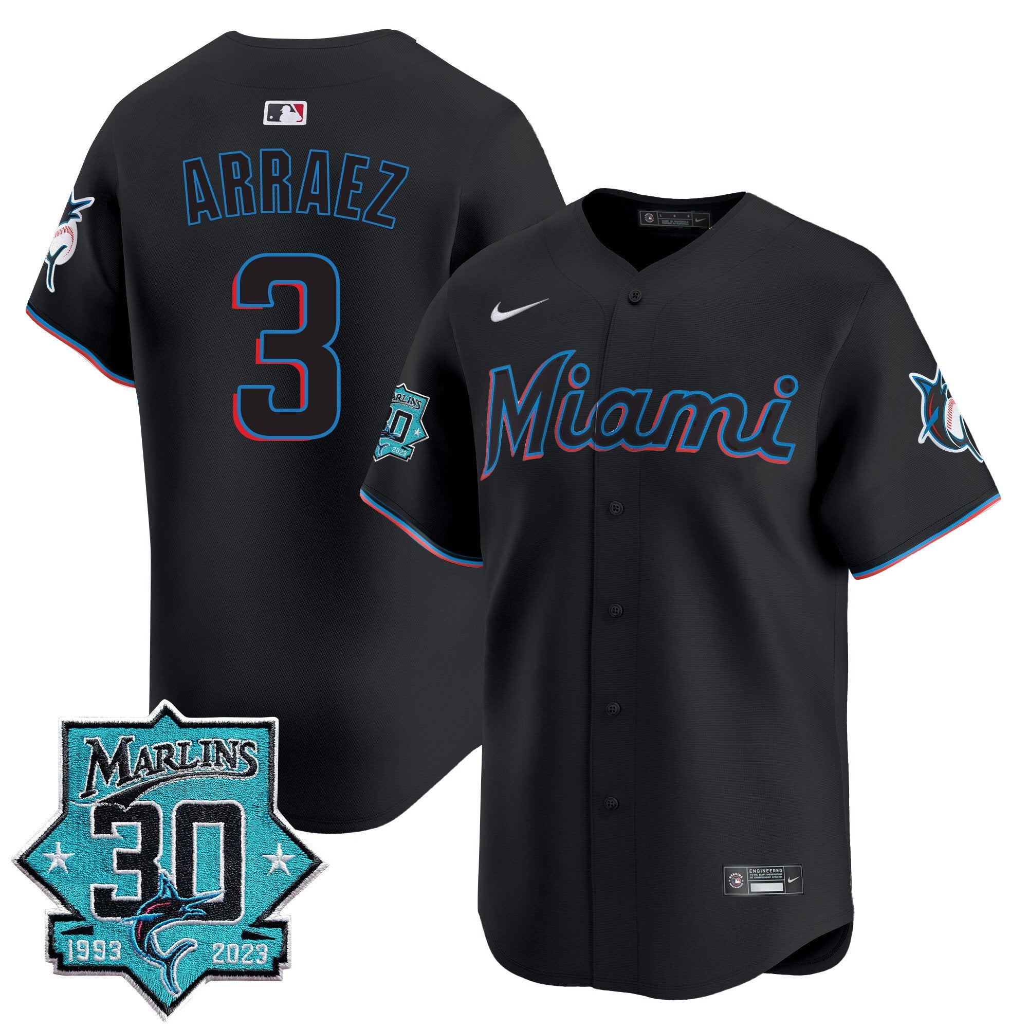 Men's Miami Marlins 30 Seasons Anniversary Patch Vapor Premier Limited Jersey - All Stitched - Black, Luis Arraez