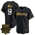 Men's Miami Marlins 30 Seasons Anniversary Patch Vapor Premier Limited Jersey - All Stitched - Black Gold, Josh Bell