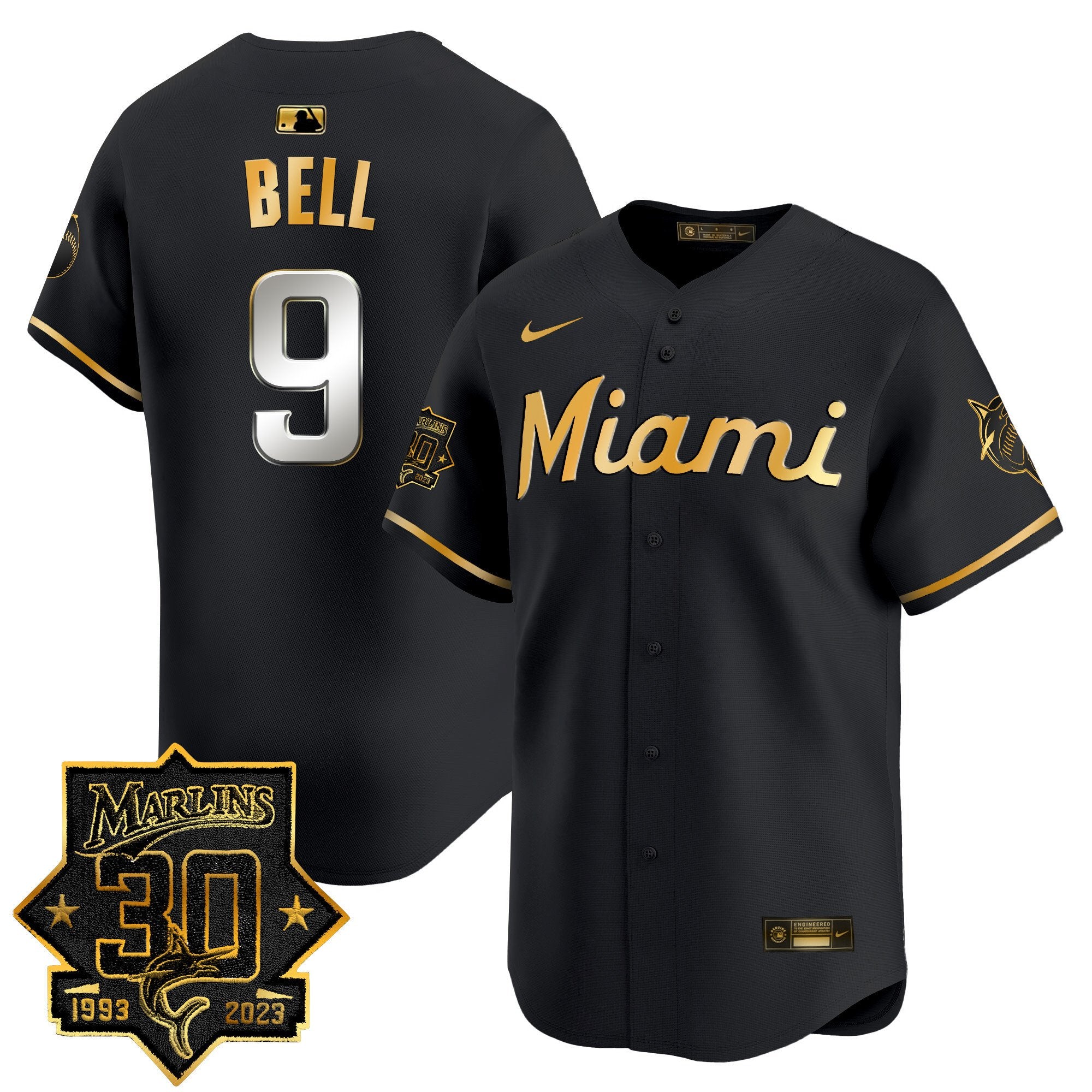 Men's Miami Marlins 30 Seasons Anniversary Patch Vapor Premier Limited Jersey - All Stitched - Black Gold, Josh Bell