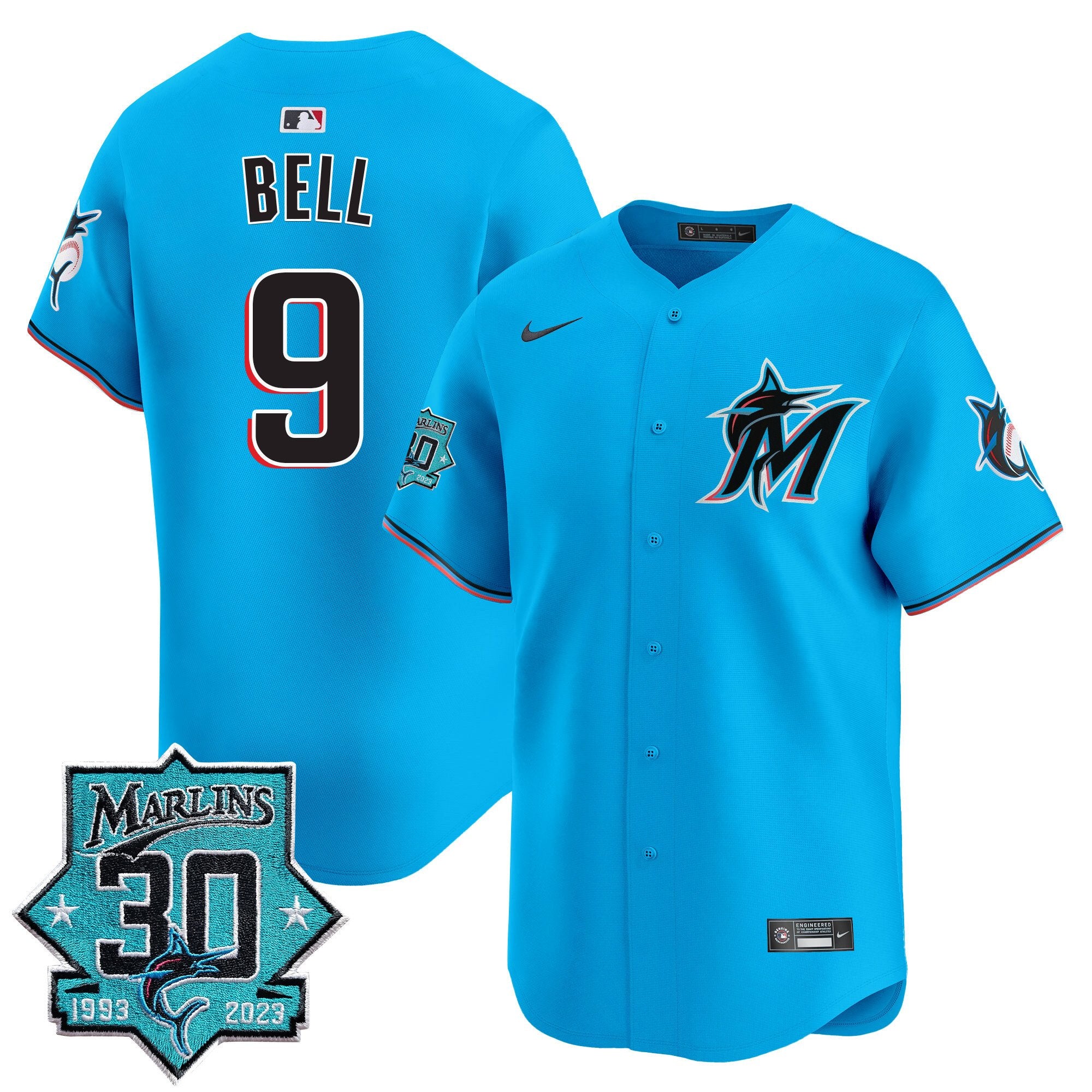 Men's Miami Marlins 30 Seasons Anniversary Patch Vapor Premier Limited Jersey - All Stitched - Blue, Josh Bell