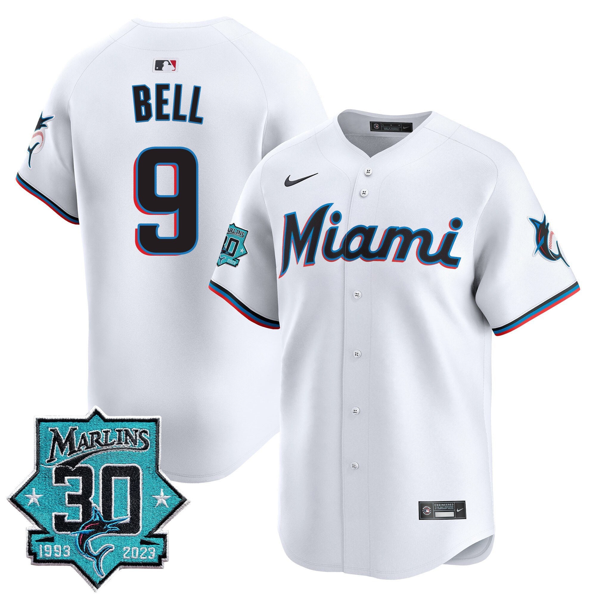 Men's Miami Marlins 30 Seasons Anniversary Patch Vapor Premier Limited Jersey - All Stitched - White, Josh Bell
