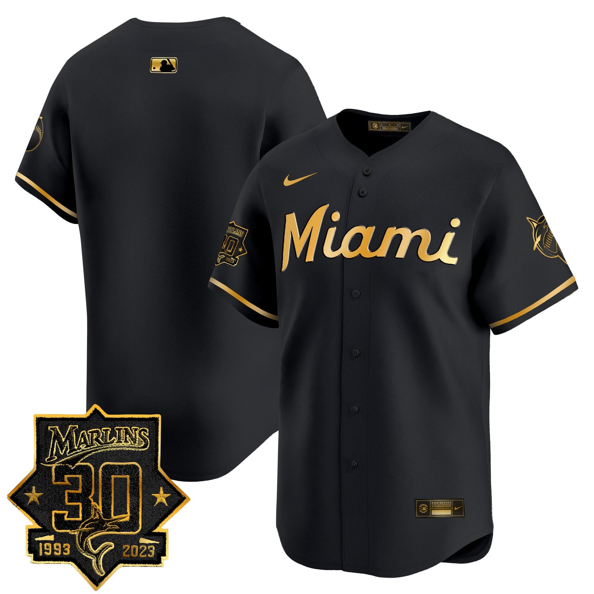 Men's Miami Marlins 30 Seasons Anniversary Patch Vapor Premier Limited Jersey - All Stitched - Black Gold, Team