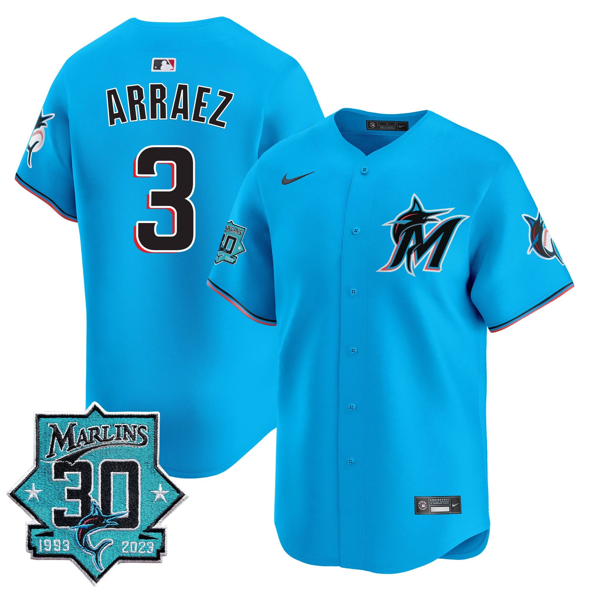 Men's Miami Marlins 30 Seasons Anniversary Patch Vapor Premier Limited Jersey - All Stitched - Blue, Luis Arraez