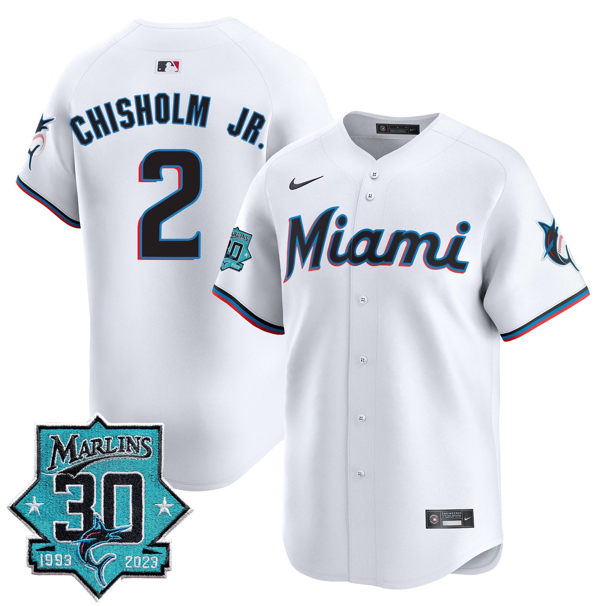 Men's Miami Marlins 30 Seasons Anniversary Patch Vapor Premier Limited Jersey - All Stitched - White, Jazz Chisholm Jr.