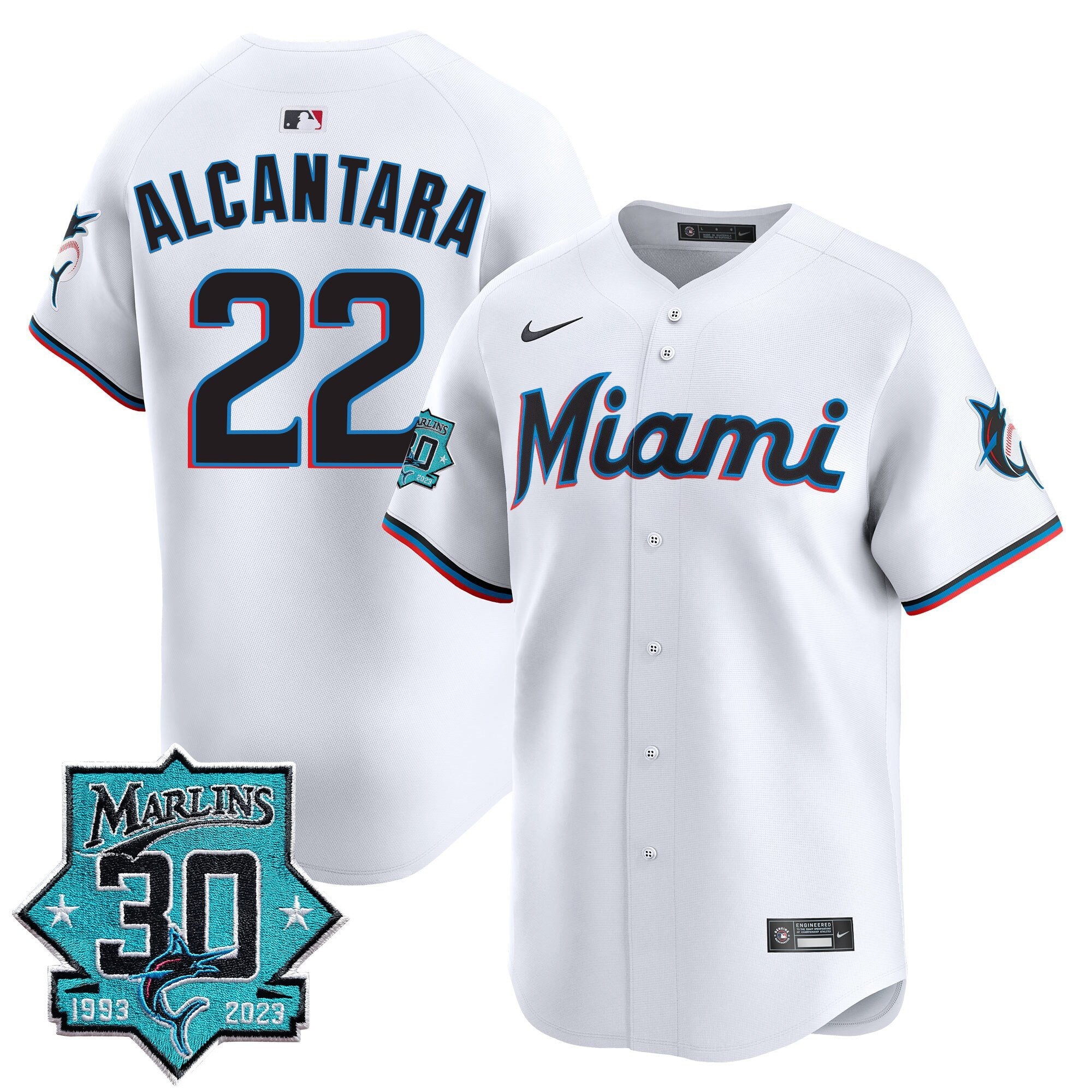 Men's Miami Marlins 30 Seasons Anniversary Patch Vapor Premier Limited Jersey - All Stitched - White, Sandy Alcantara