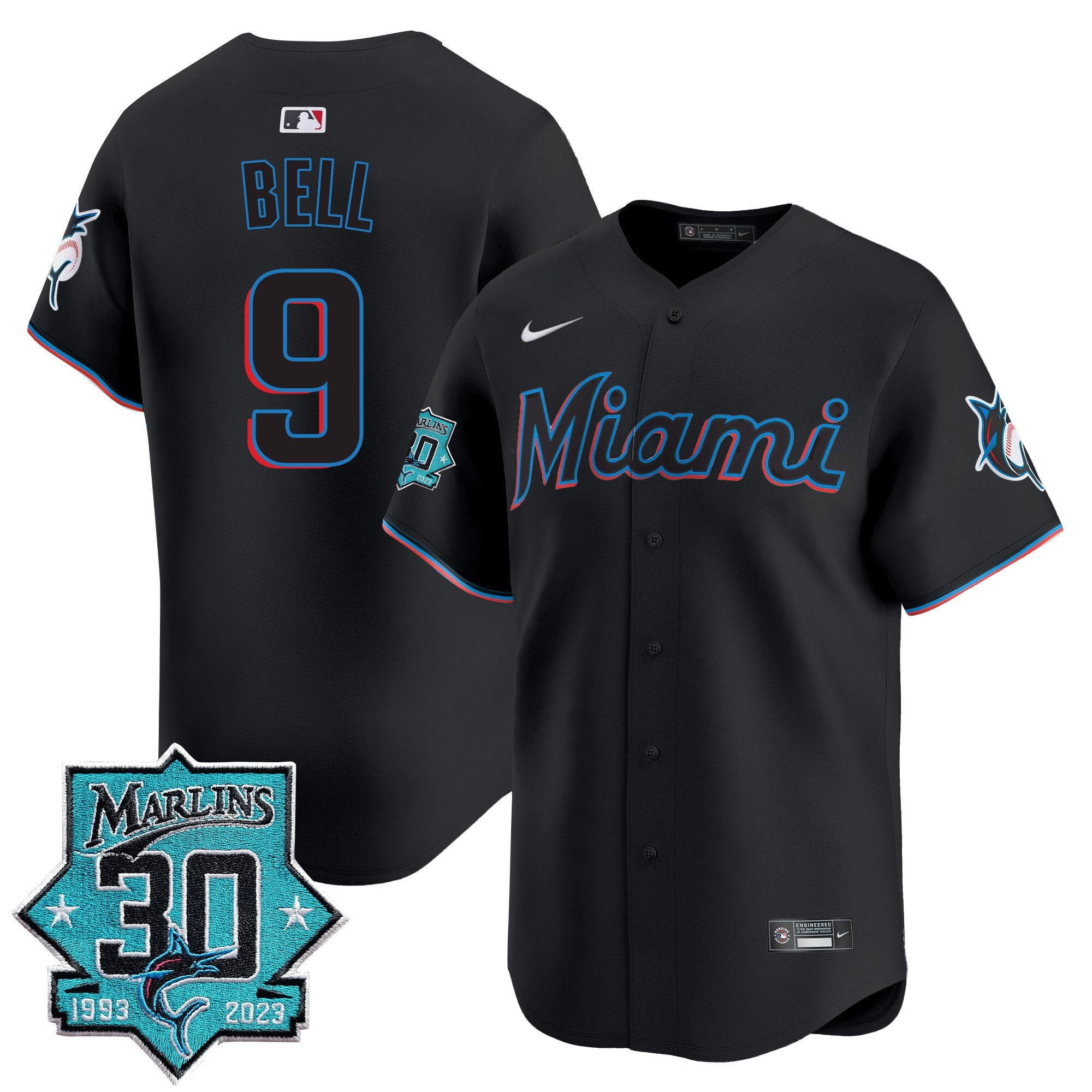 Men's Miami Marlins 30 Seasons Anniversary Patch Vapor Premier Limited Jersey - All Stitched - Black, Josh Bell