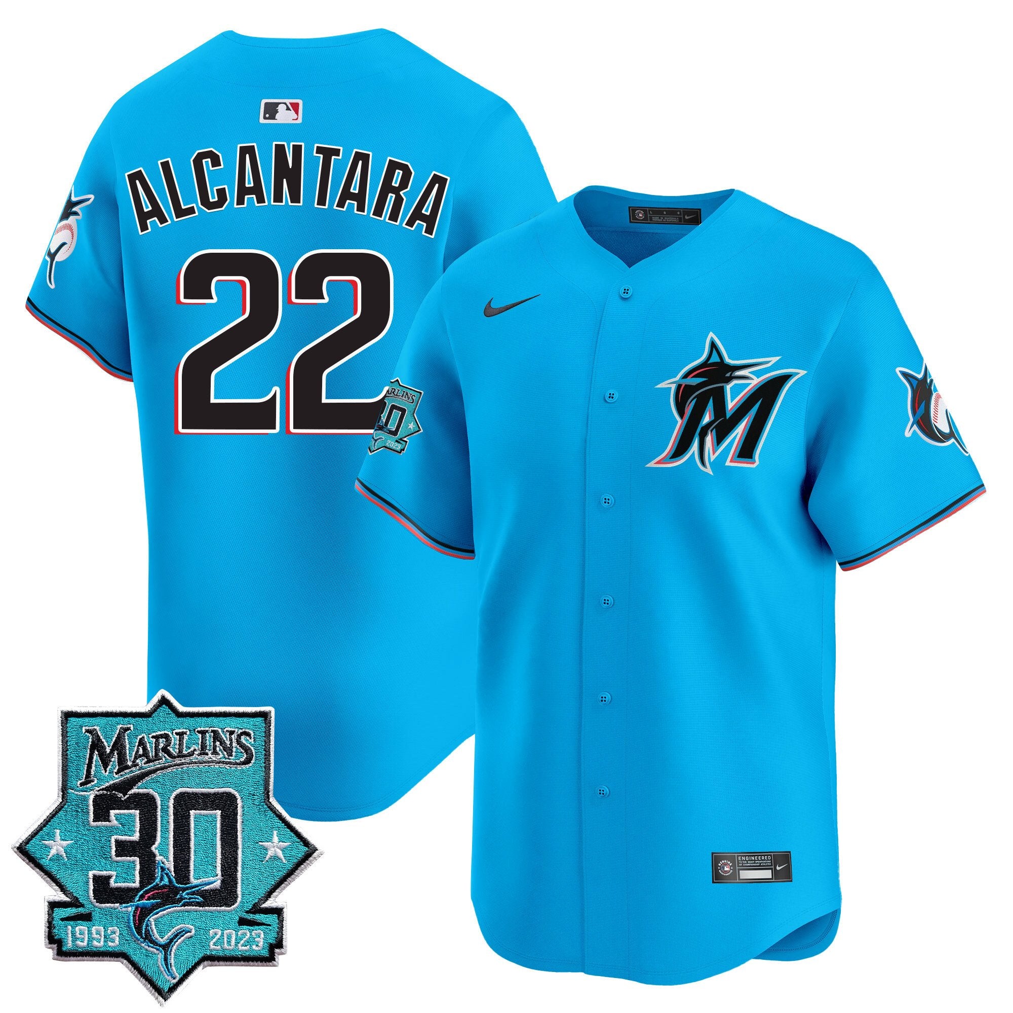 Men's Miami Marlins 30 Seasons Anniversary Patch Vapor Premier Limited Jersey - All Stitched - Blue, Sandy Alcantara