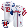 Men's Milwaukee Brewers 2025 Independence Day Vapor Premier Limited Jersey - All Stitched - White, Rhys Hoskins