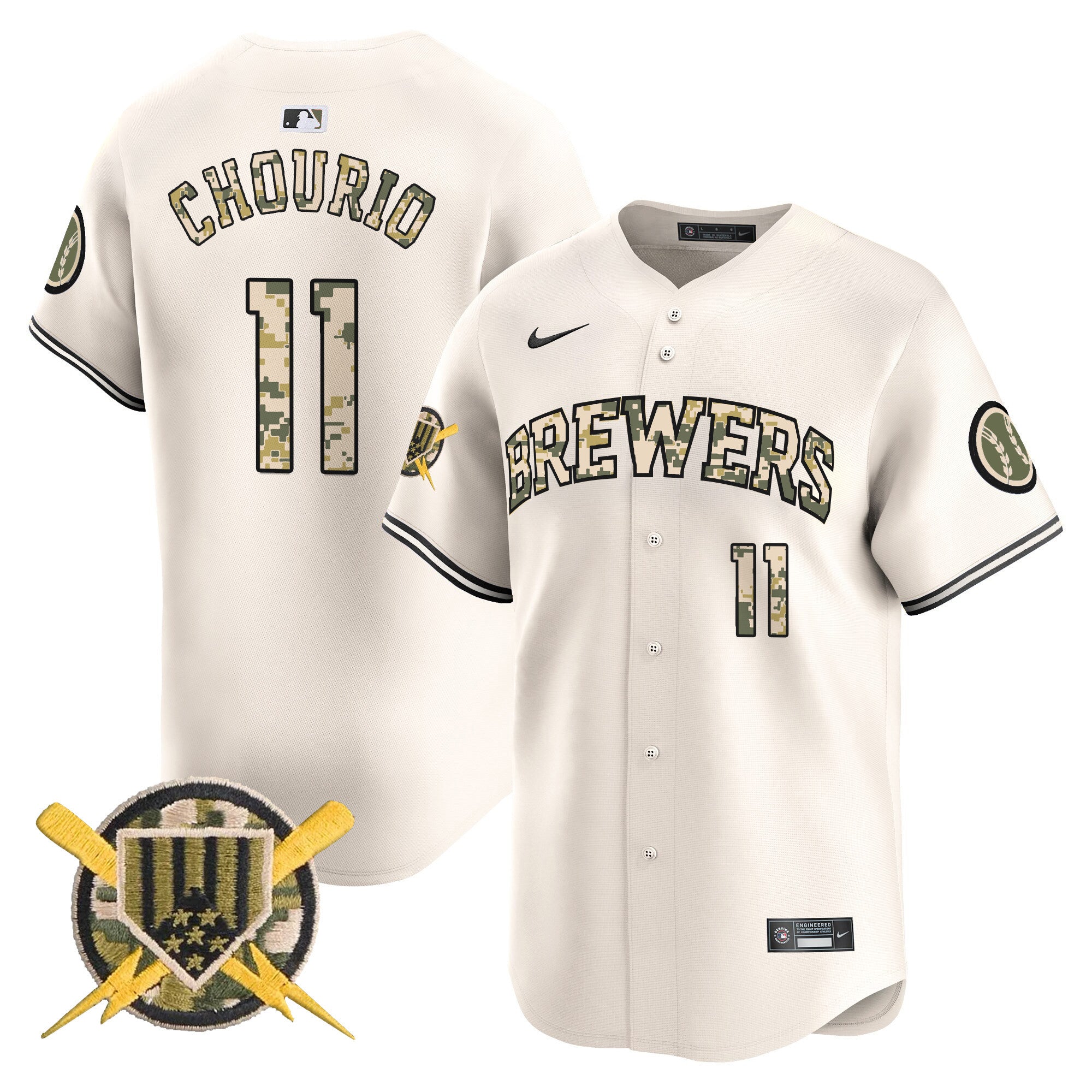 Men's Milwaukee Brewers Armed Forces Day Vapor Premier Limited Jersey - All Stitched - Cream, Jackson Chourio