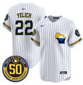 Men's Milwaukee Brewers Golden 50th Anniversary Patch Vapor Premier Limited Jersey - All Stitched - Pinstripe, Christian Yelich