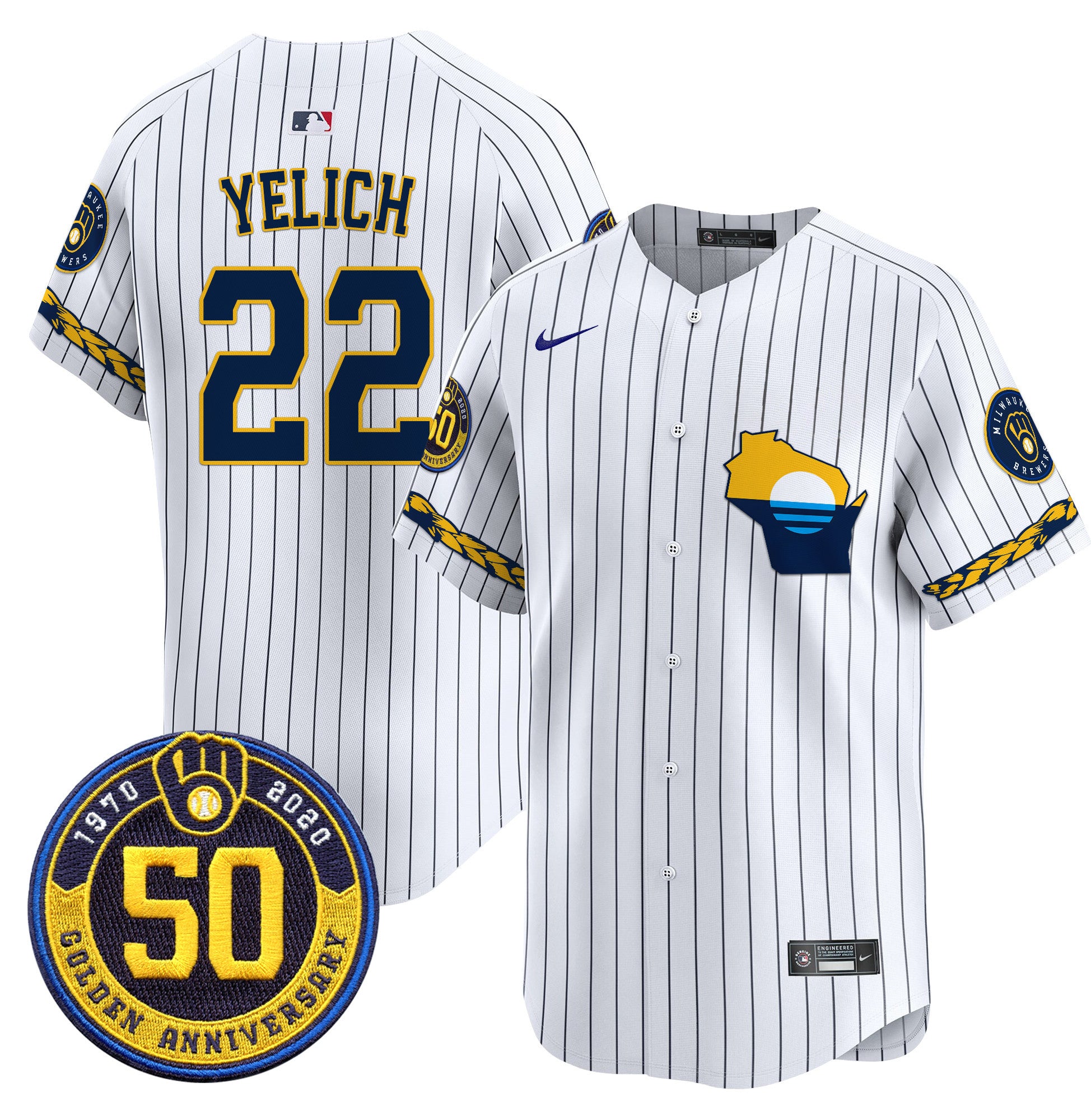 Men's Milwaukee Brewers Golden 50th Anniversary Patch Vapor Premier Limited Jersey - All Stitched - Pinstripe, Christian Yelich