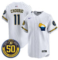 Men's Milwaukee Brewers Golden 50th Anniversary Patch Vapor Premier Limited Jersey - All Stitched - Pinstripe, Jackson Chourio
