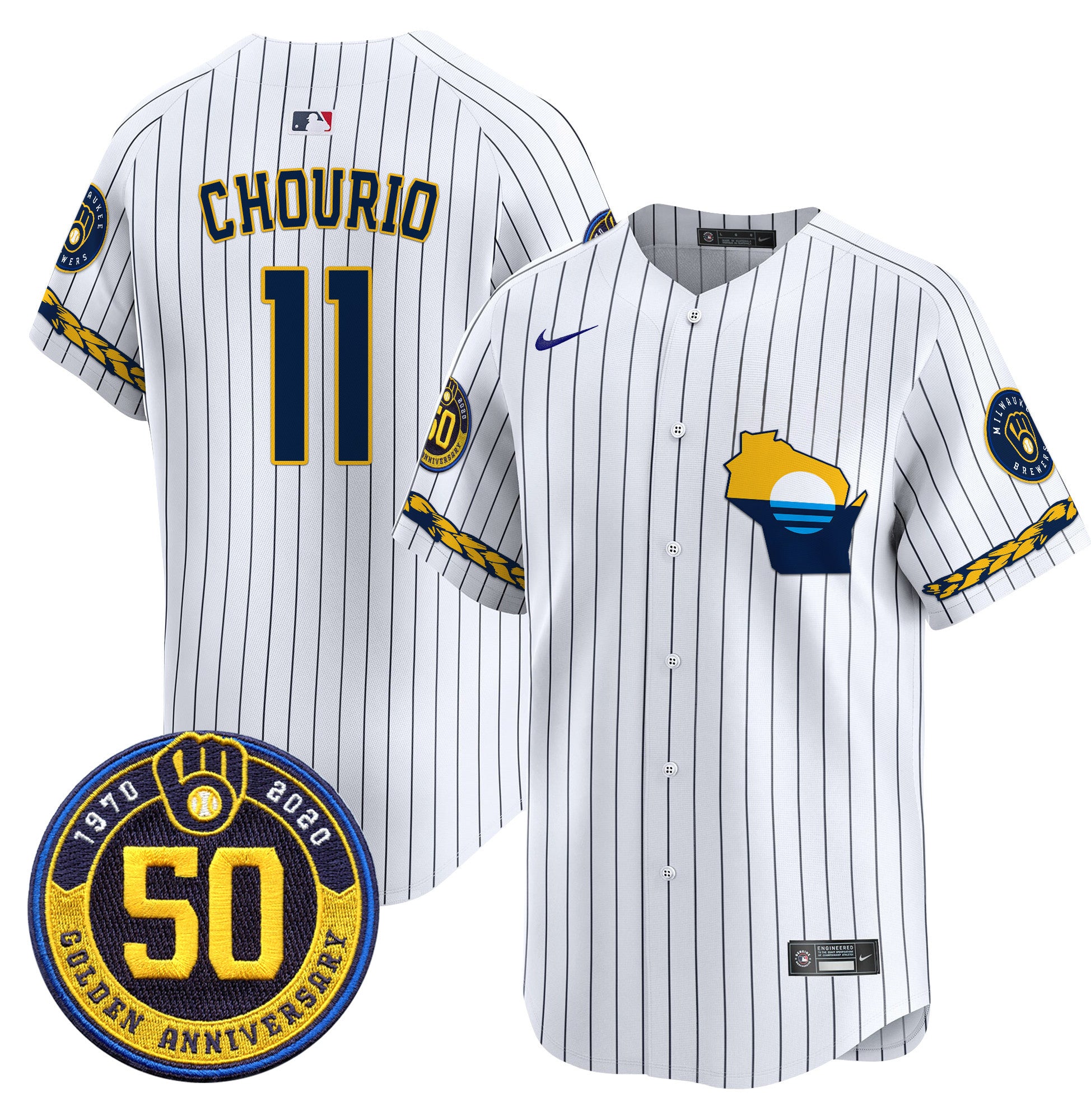 Men's Milwaukee Brewers Golden 50th Anniversary Patch Vapor Premier Limited Jersey - All Stitched - Pinstripe, Jackson Chourio