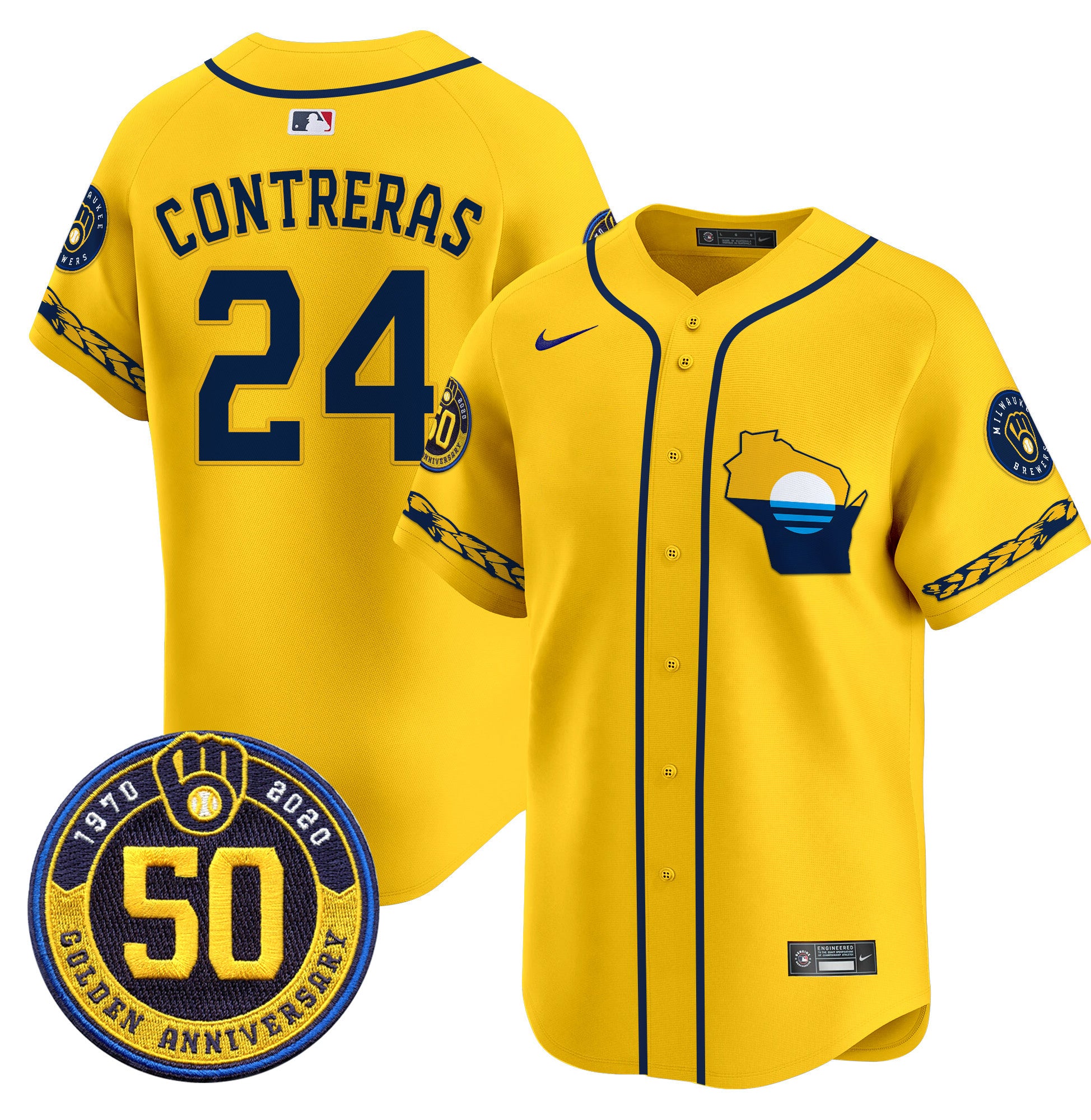 Men's Milwaukee Brewers Golden 50th Anniversary Patch Vapor Premier Limited Jersey - All Stitched - Gold, William Contreras
