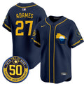 Men's Milwaukee Brewers Golden 50th Anniversary Patch Vapor Premier Limited Jersey - All Stitched - Navy, Willy Adames