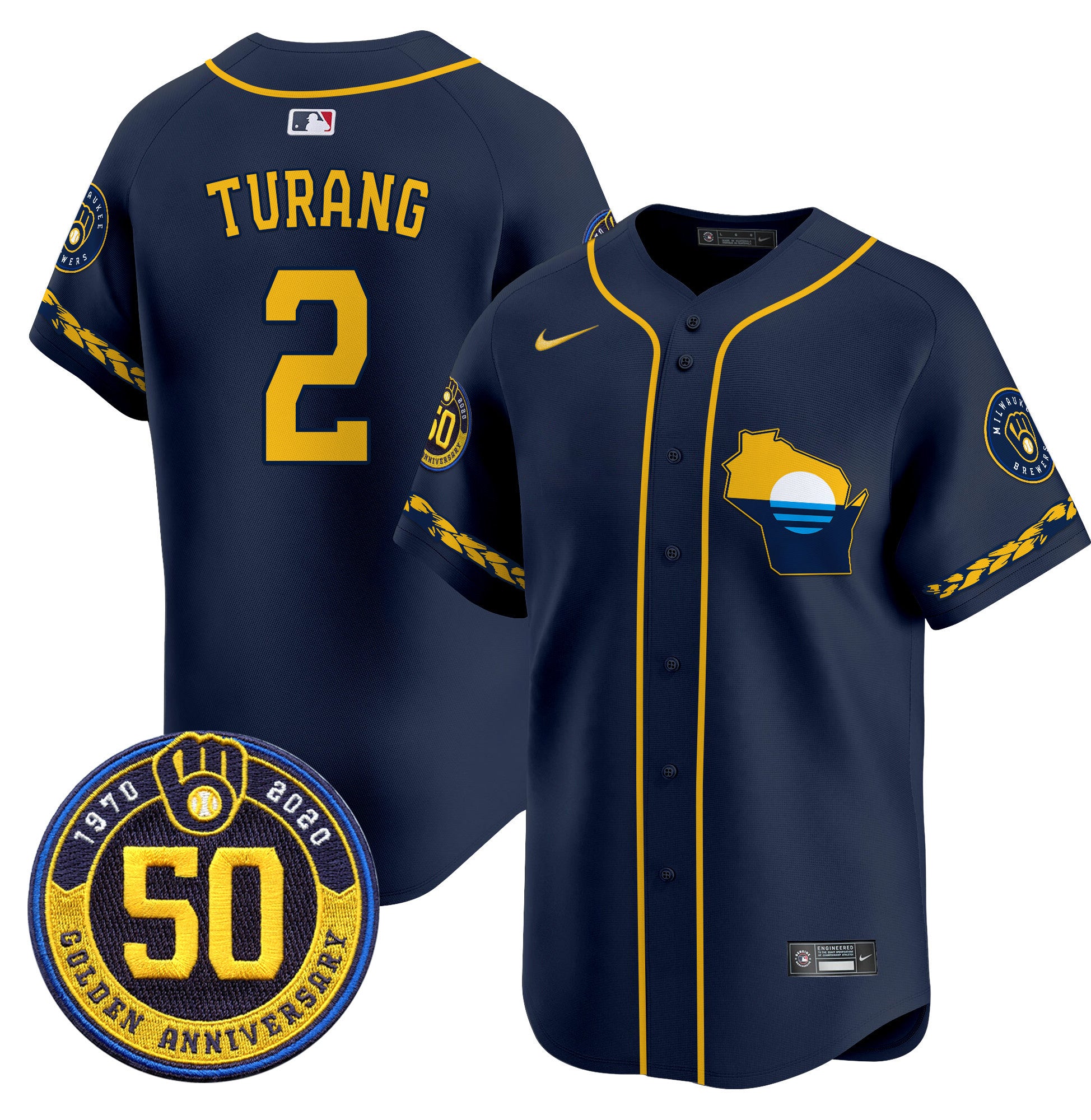 Men's Milwaukee Brewers Golden 50th Anniversary Patch Vapor Premier Limited Jersey - All Stitched - Navy, Brice Turang