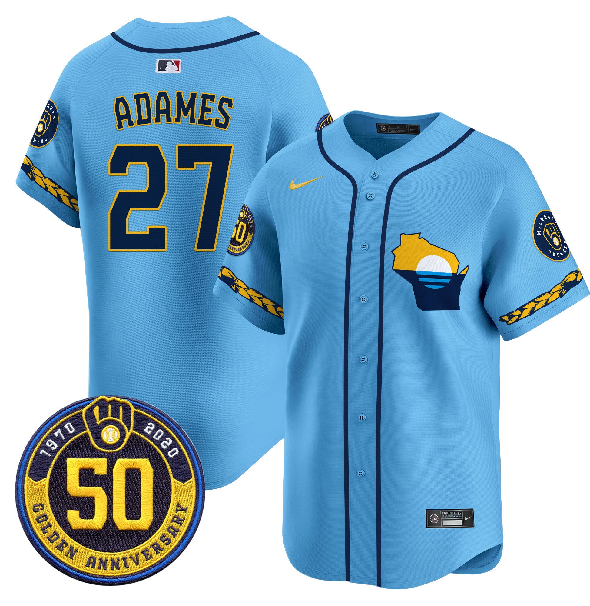 Men's Milwaukee Brewers Golden 50th Anniversary Patch Vapor Premier Limited Jersey - All Stitched - Blue, Willy Adames