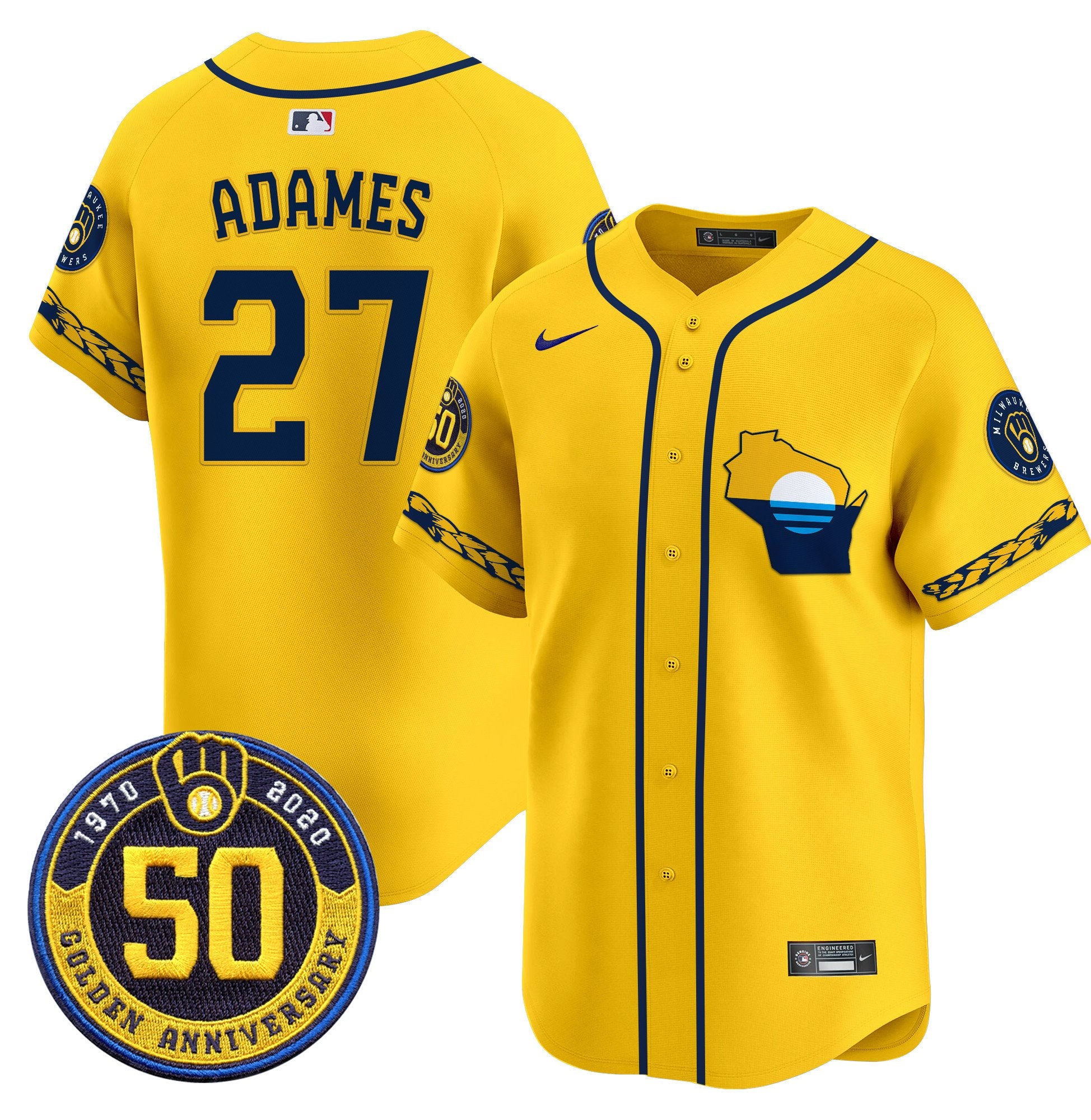 Men's Milwaukee Brewers Golden 50th Anniversary Patch Vapor Premier Limited Jersey - All Stitched - Gold, Willy Adames