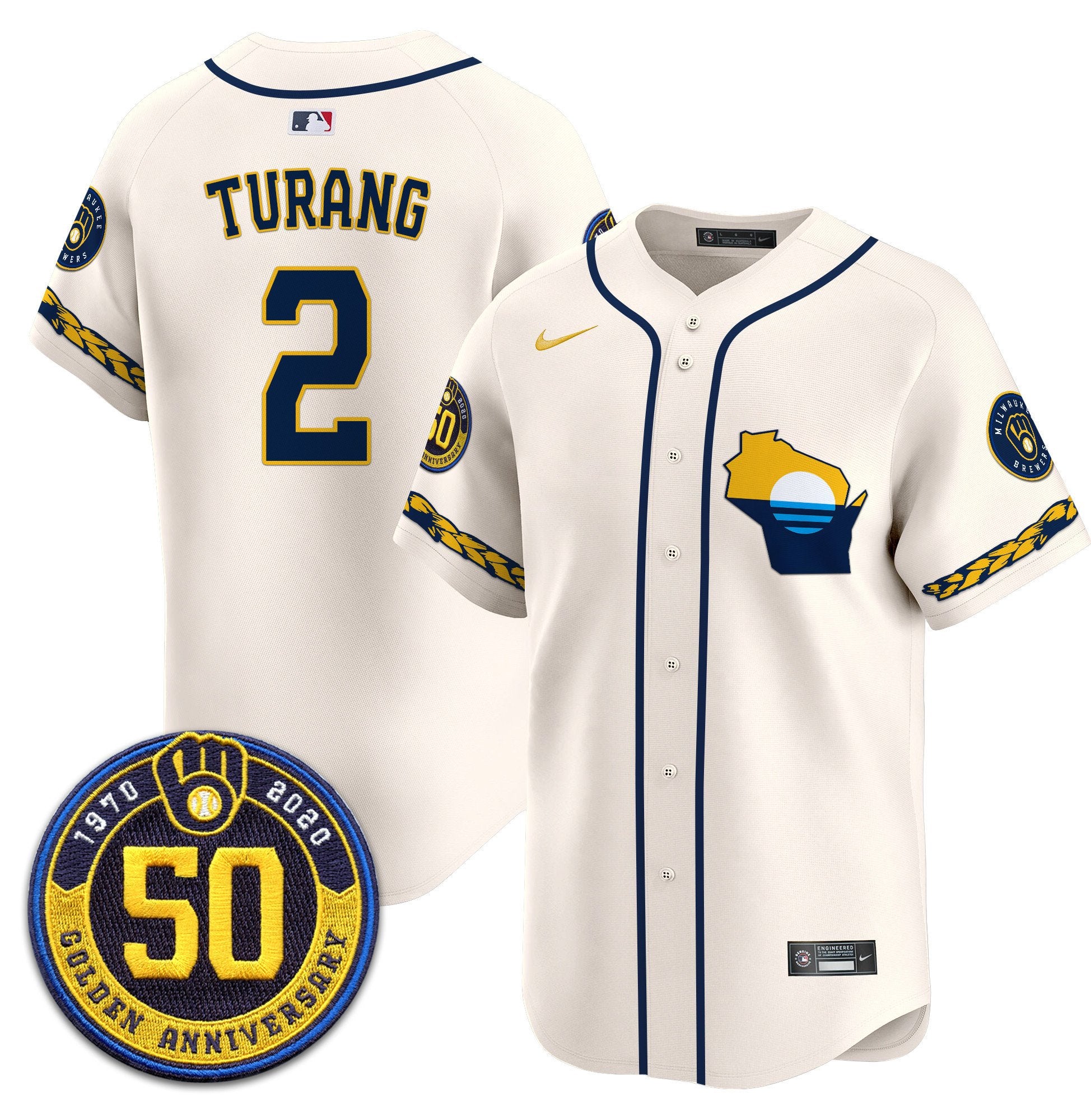Men's Milwaukee Brewers Golden 50th Anniversary Patch Vapor Premier Limited Jersey - All Stitched - Cream, Brice Turang