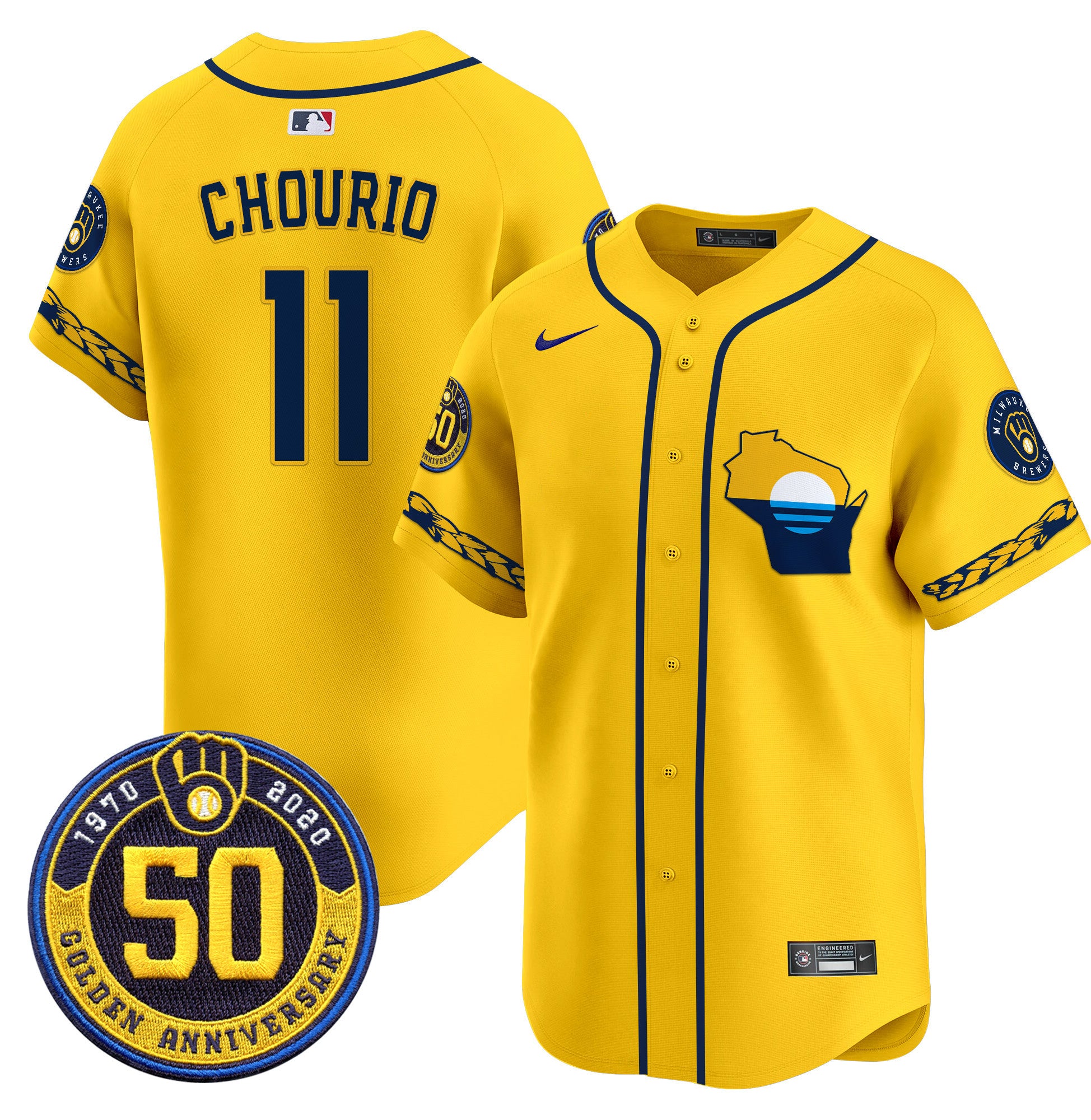 Men's Milwaukee Brewers Golden 50th Anniversary Patch Vapor Premier Limited Jersey - All Stitched - Gold, Jackson Chourio