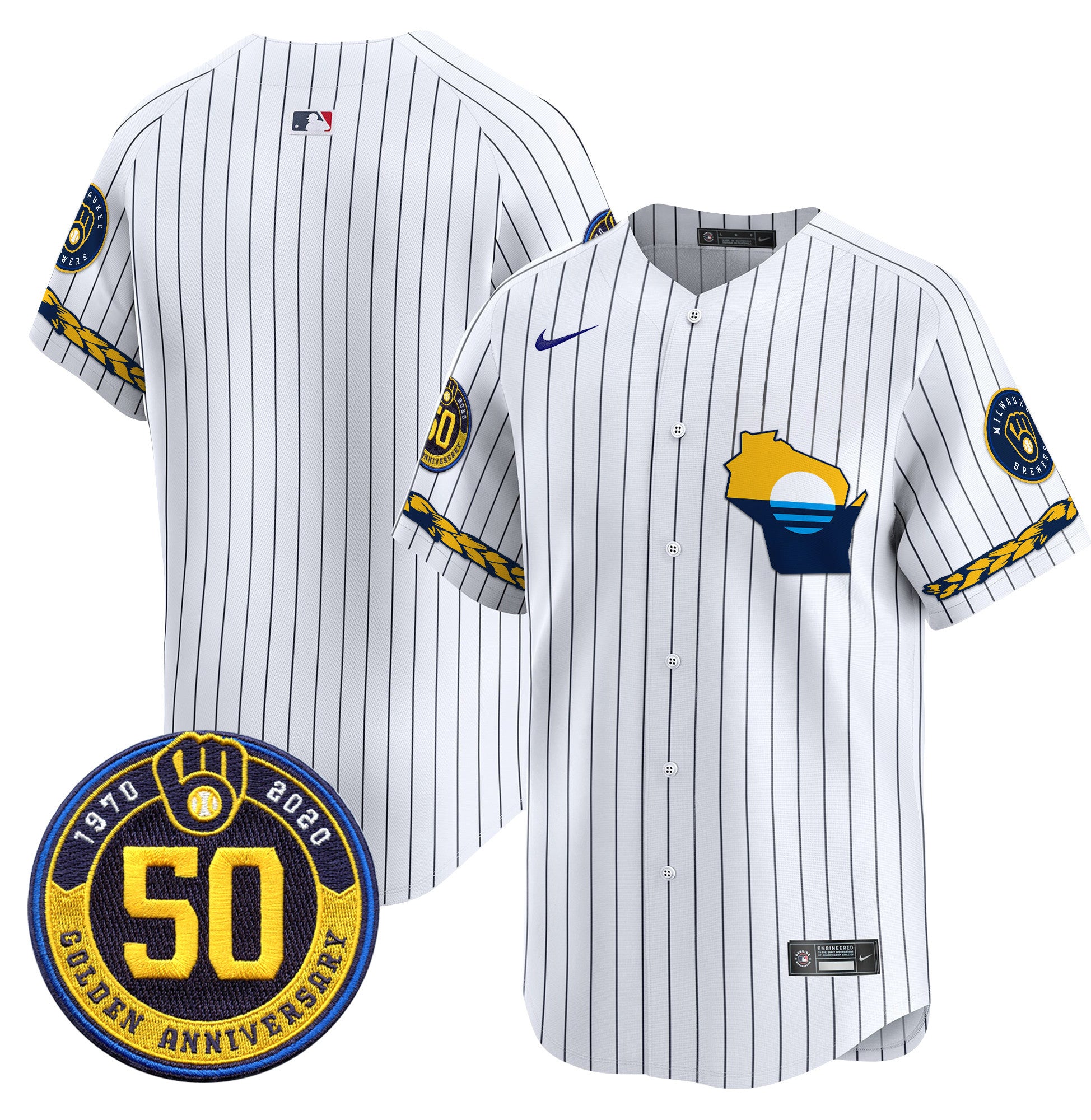 Men's Milwaukee Brewers Golden 50th Anniversary Patch Vapor Premier Limited Jersey - All Stitched - Pinstripe, Team