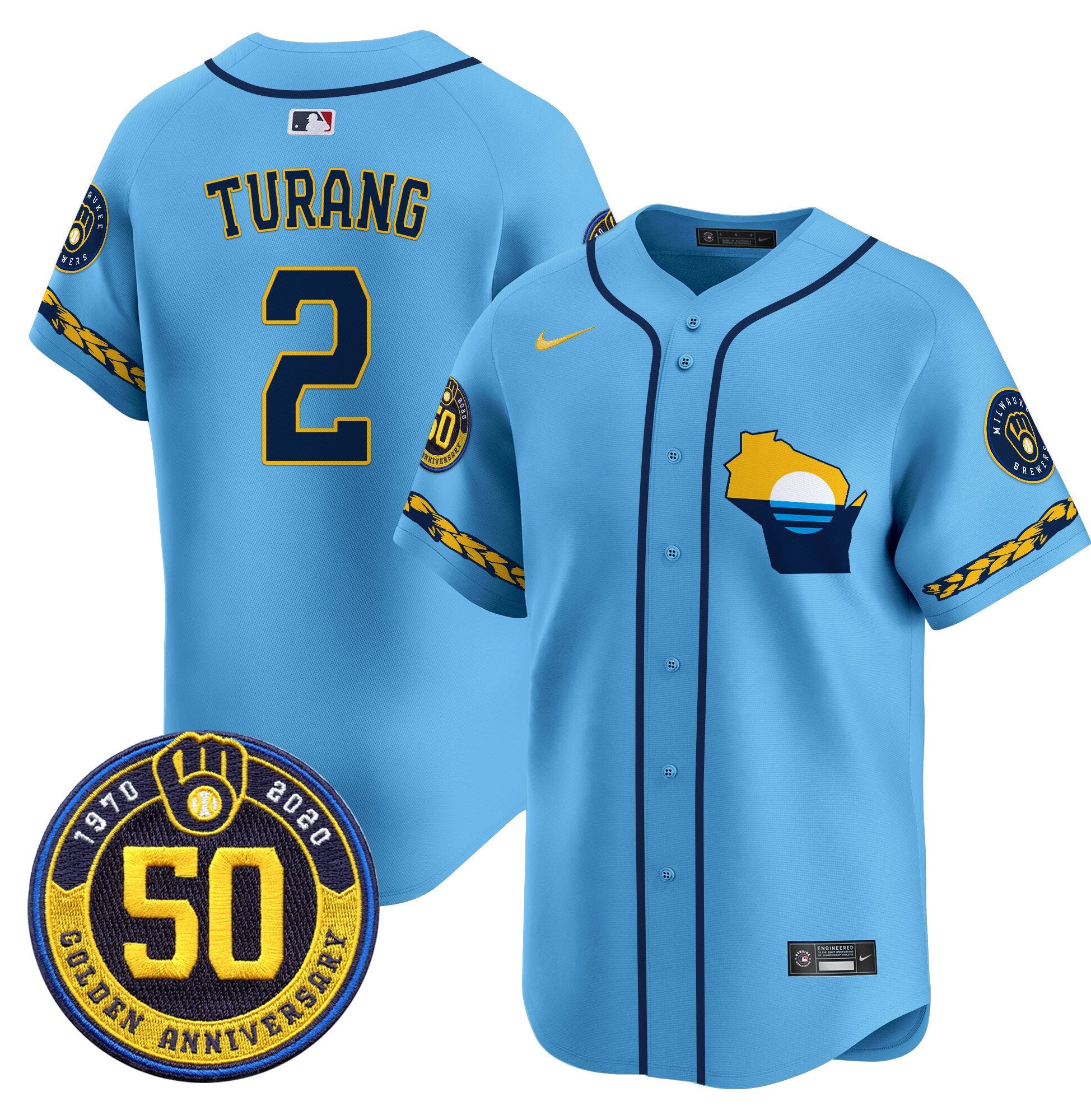 Men's Milwaukee Brewers Golden 50th Anniversary Patch Vapor Premier Limited Jersey - All Stitched - Blue, Brice Turang