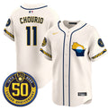 Men's Milwaukee Brewers Golden 50th Anniversary Patch Vapor Premier Limited Jersey - All Stitched - Cream, Jackson Chourio