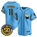 Men's Milwaukee Brewers Golden 50th Anniversary Patch Vapor Premier Limited Jersey - All Stitched - Blue, Jackson Chourio