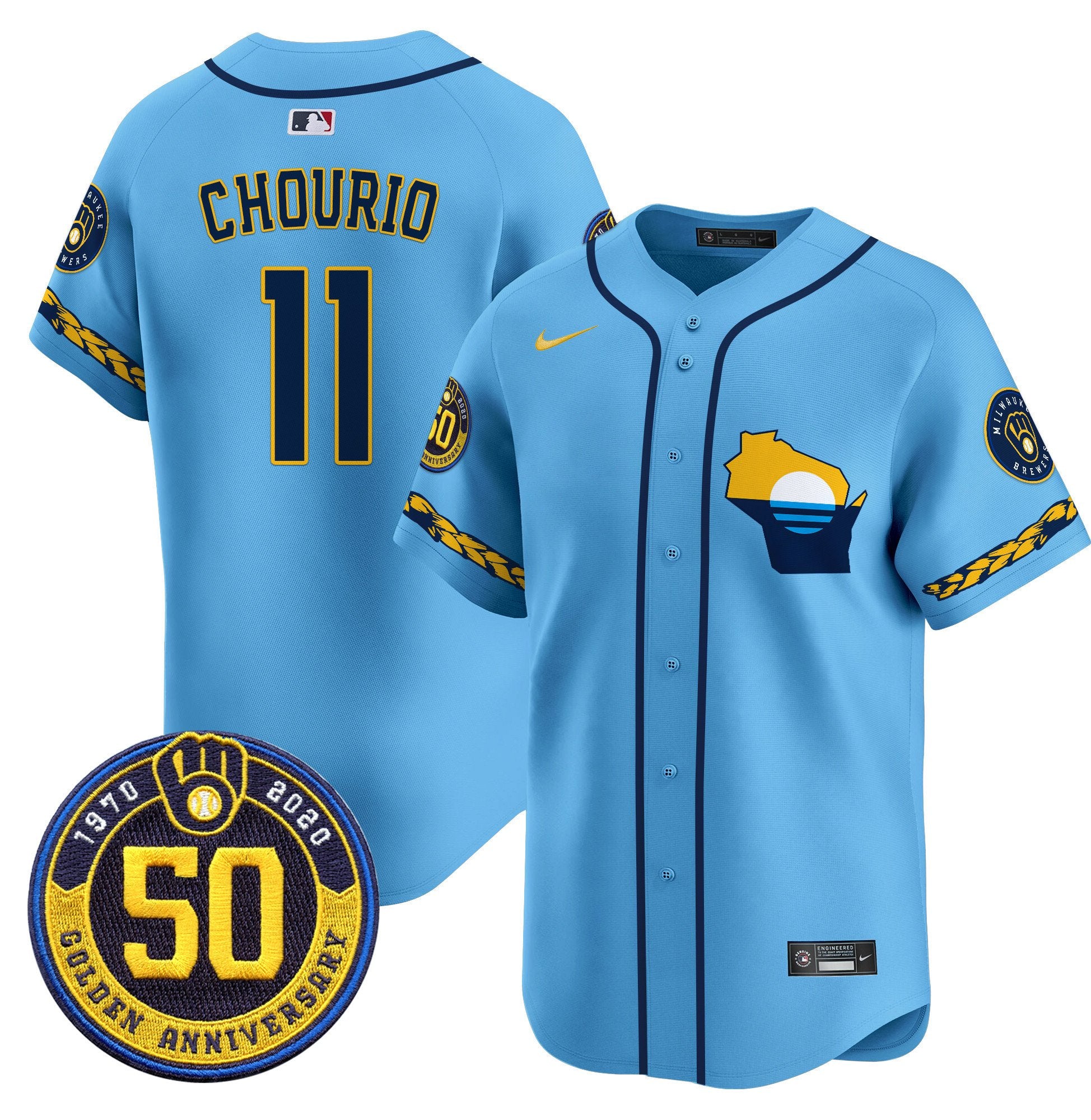 Men's Milwaukee Brewers Golden 50th Anniversary Patch Vapor Premier Limited Jersey - All Stitched - Blue, Jackson Chourio