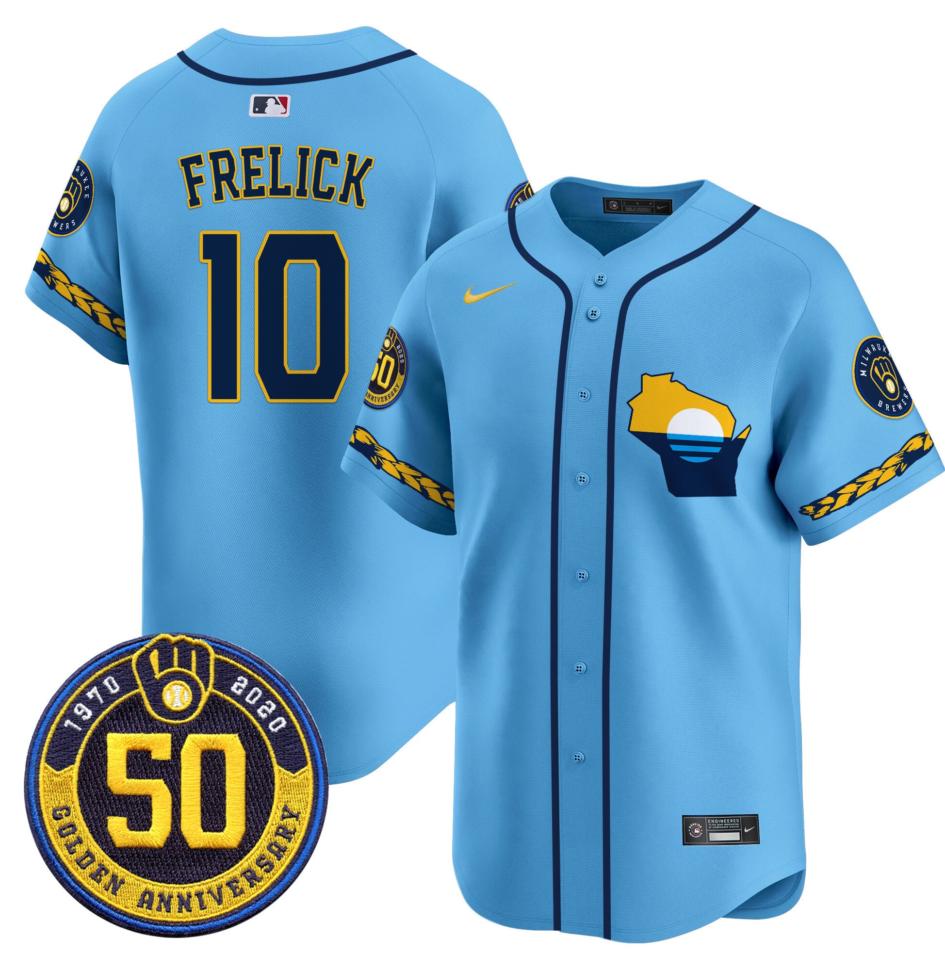 Men's Milwaukee Brewers Golden 50th Anniversary Patch Vapor Premier Limited Jersey - All Stitched - Blue, Sal Frelick