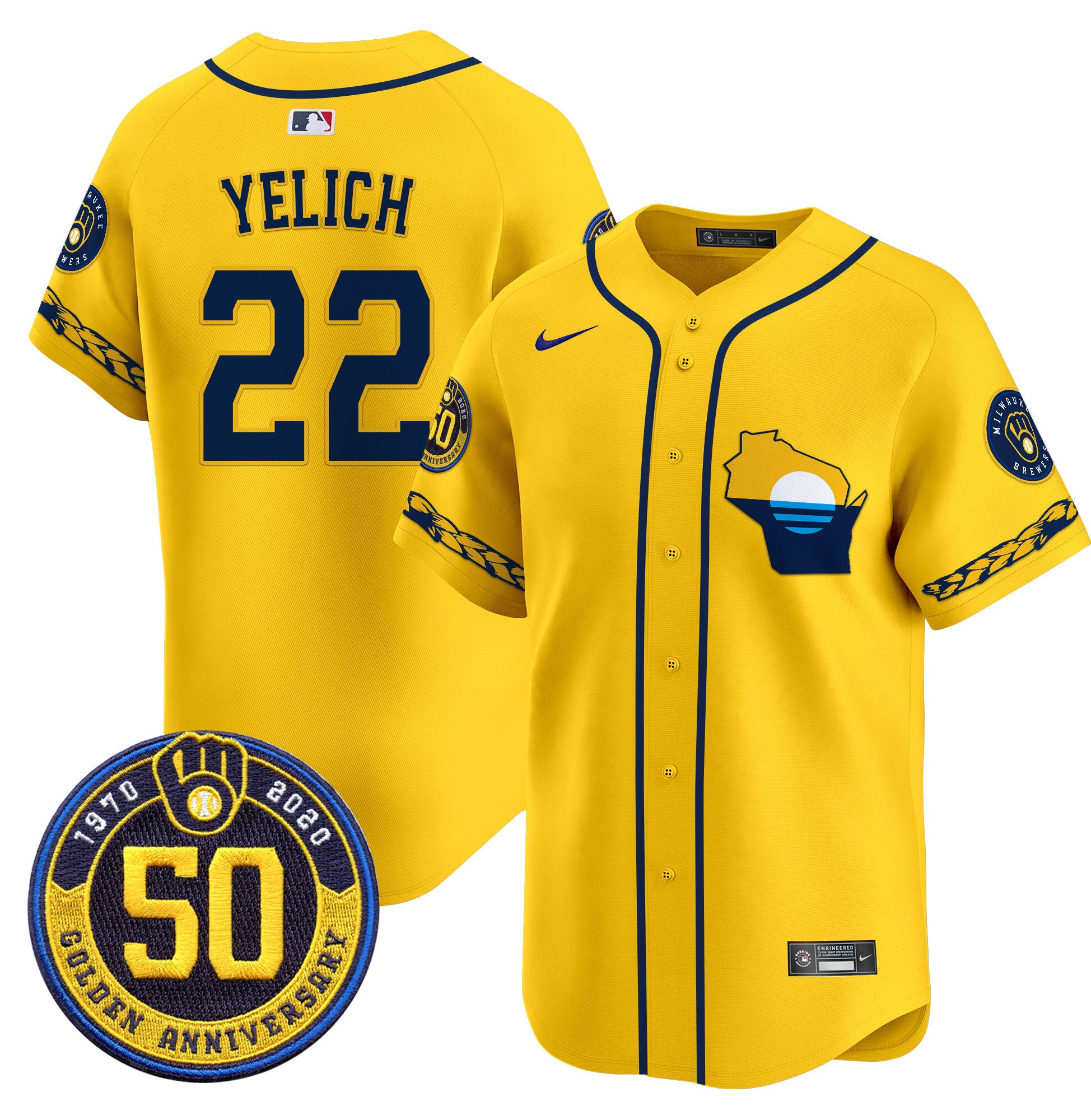 Men's Milwaukee Brewers Golden 50th Anniversary Patch Vapor Premier Limited Jersey - All Stitched - Gold, Christian Yelich