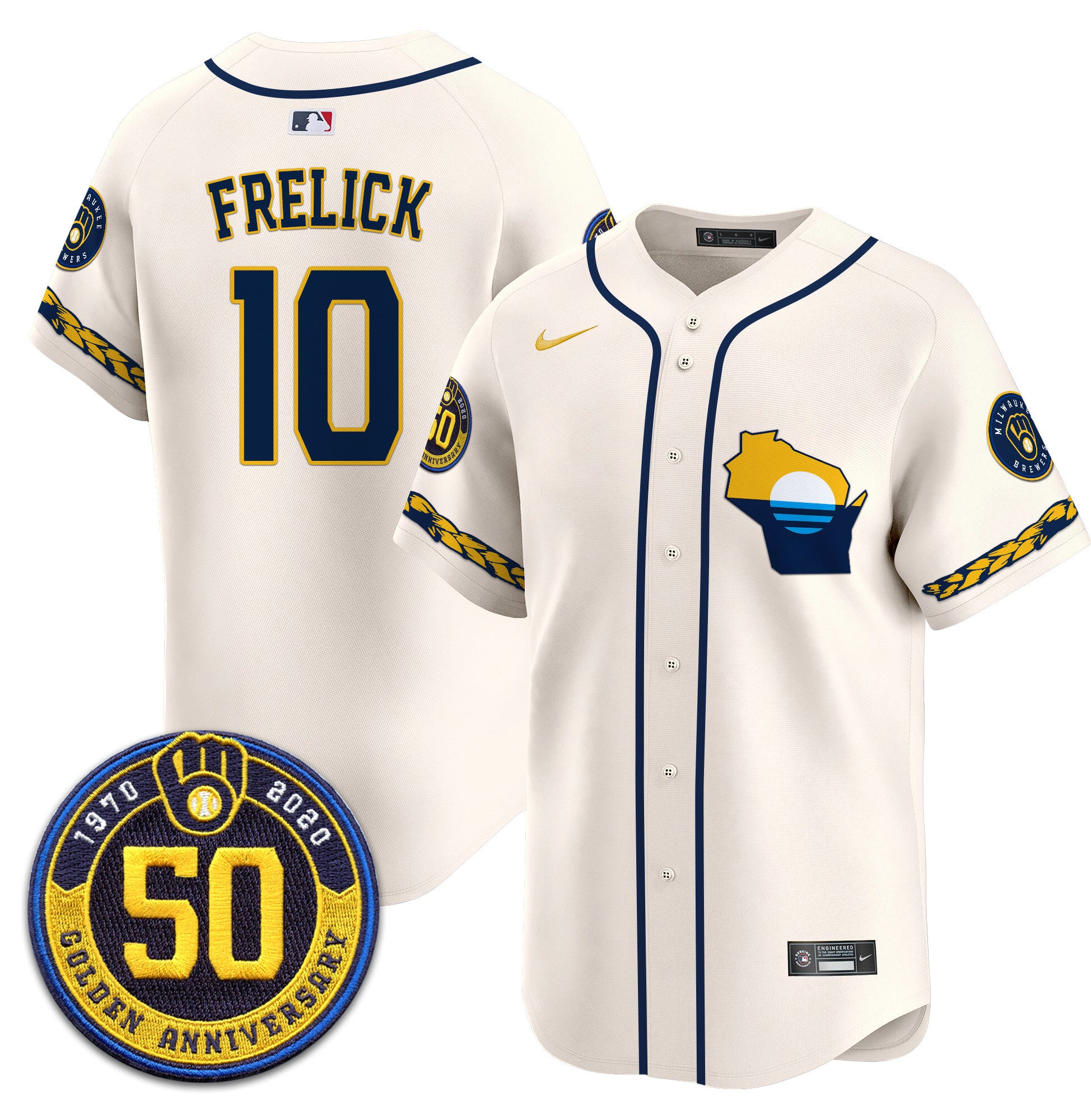 Men's Milwaukee Brewers Golden 50th Anniversary Patch Vapor Premier Limited Jersey - All Stitched - Cream, Sal Frelick