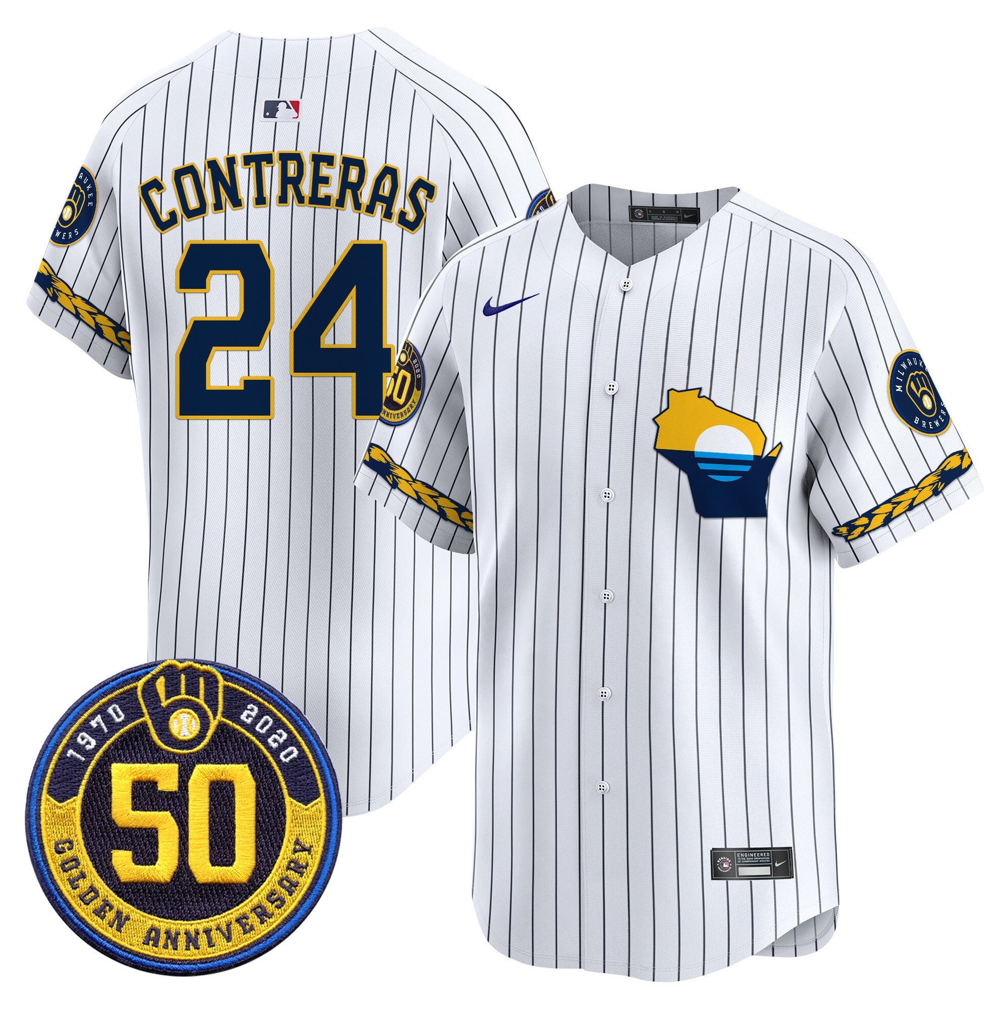 Men's Milwaukee Brewers Golden 50th Anniversary Patch Vapor Premier Limited Jersey - All Stitched - Pinstripe, William Contreras
