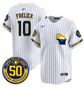 Men's Milwaukee Brewers Golden 50th Anniversary Patch Vapor Premier Limited Jersey - All Stitched - Pinstripe, Sal Frelick