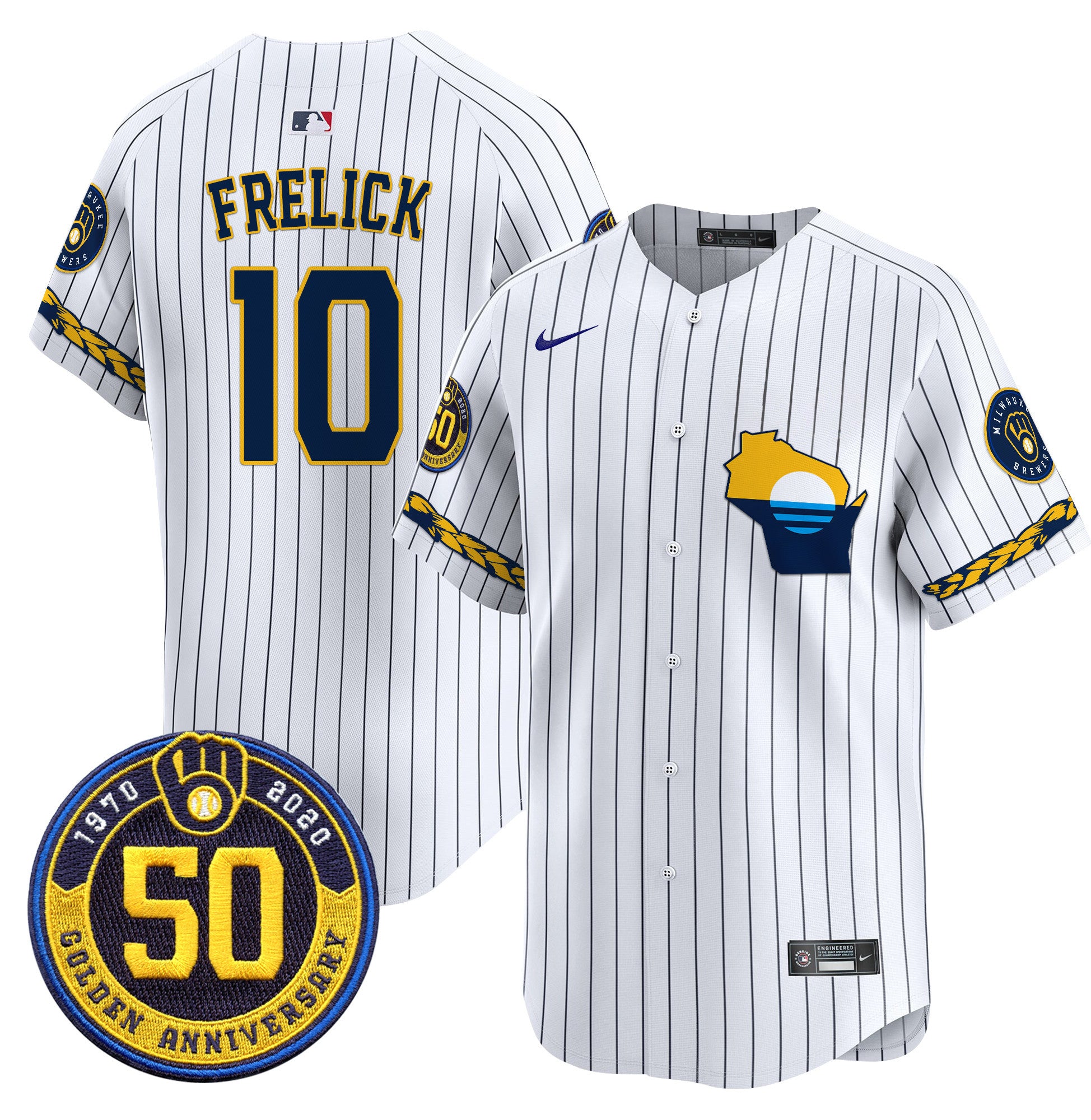 Men's Milwaukee Brewers Golden 50th Anniversary Patch Vapor Premier Limited Jersey - All Stitched - Pinstripe, Sal Frelick