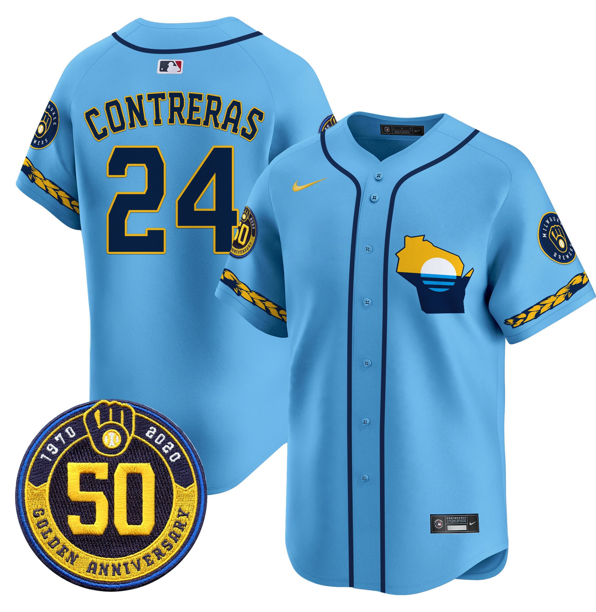 Men's Milwaukee Brewers Golden 50th Anniversary Patch Vapor Premier Limited Jersey - All Stitched - Blue, William Contreras