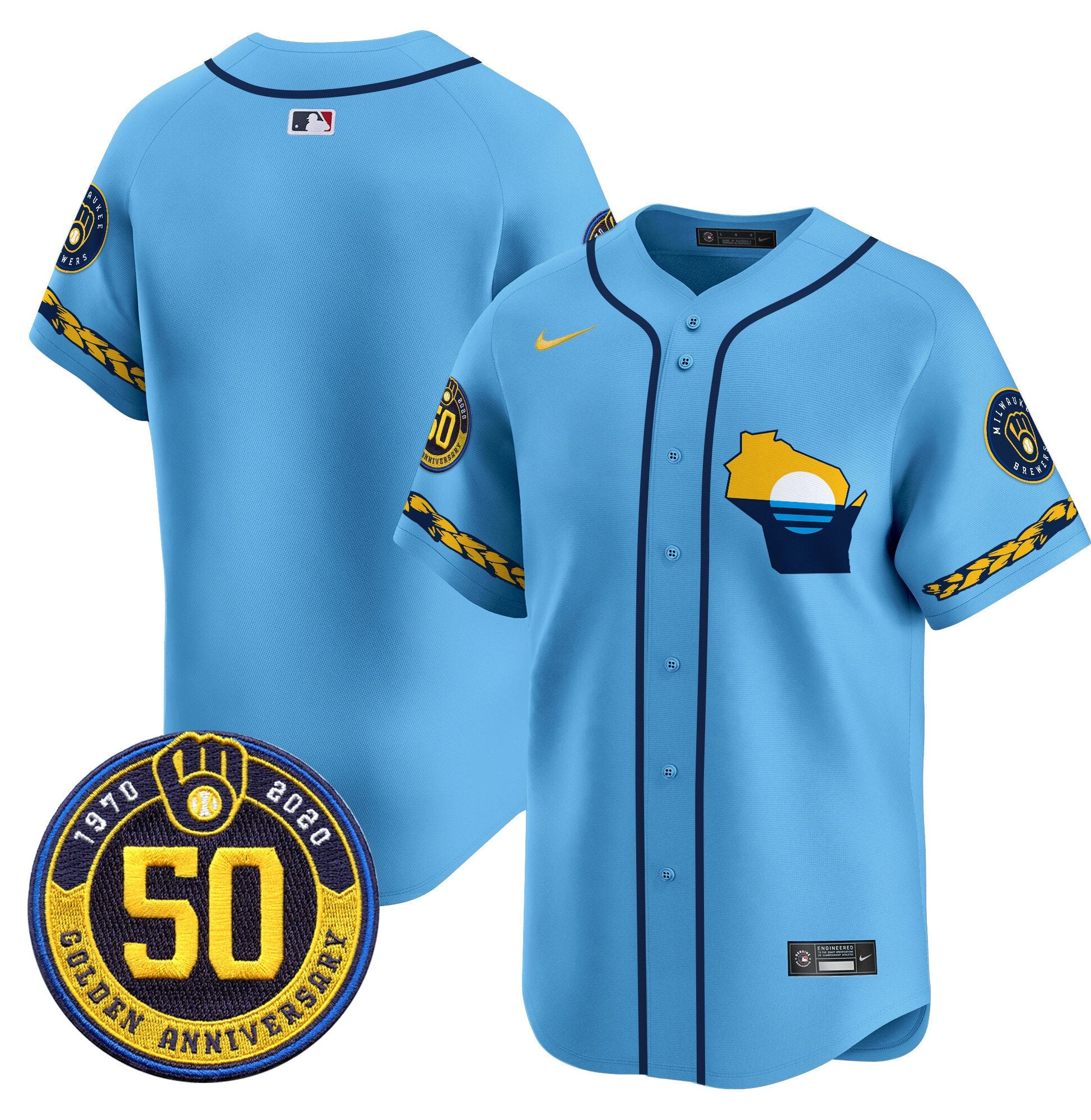 Men's Milwaukee Brewers Golden 50th Anniversary Patch Vapor Premier Limited Jersey - All Stitched - Blue, Team