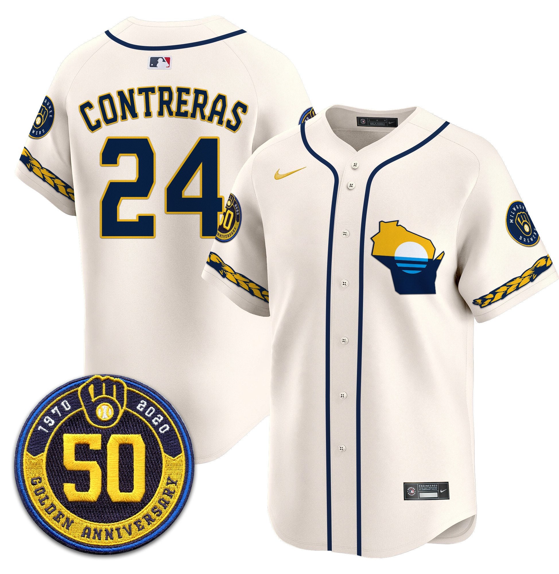Men's Milwaukee Brewers Golden 50th Anniversary Patch Vapor Premier Limited Jersey - All Stitched - Cream, William Contreras