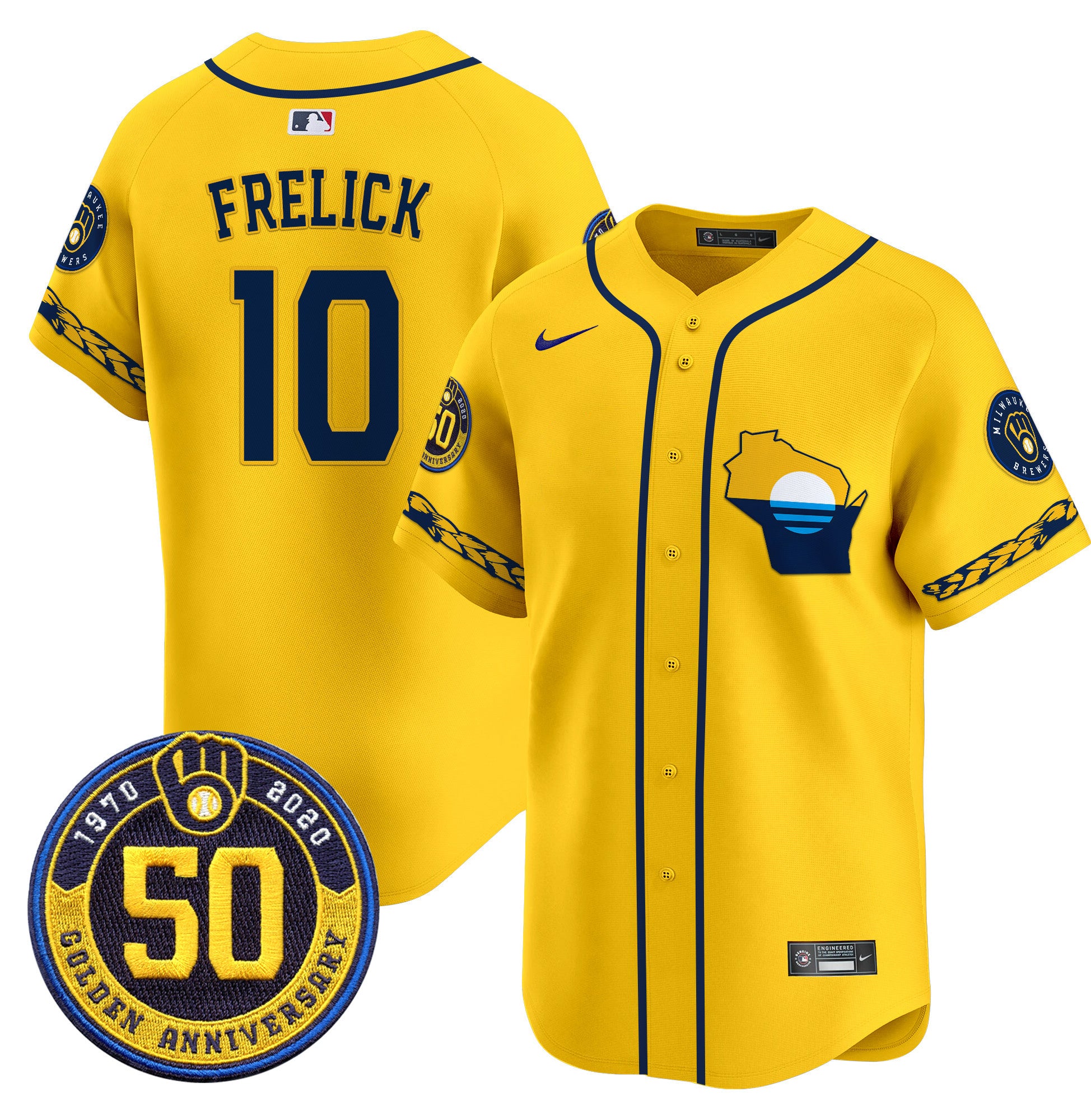 Men's Milwaukee Brewers Golden 50th Anniversary Patch Vapor Premier Limited Jersey - All Stitched - Gold, Sal Frelick