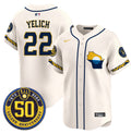 Men's Milwaukee Brewers Golden 50th Anniversary Patch Vapor Premier Limited Jersey - All Stitched - Cream, Christian Yelich