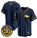 Men's Milwaukee Brewers Golden 50th Anniversary Patch Vapor Premier Limited Jersey - All Stitched - Navy, Team