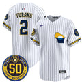 Men's Milwaukee Brewers Golden 50th Anniversary Patch Vapor Premier Limited Jersey - All Stitched - Pinstripe, Brice Turang