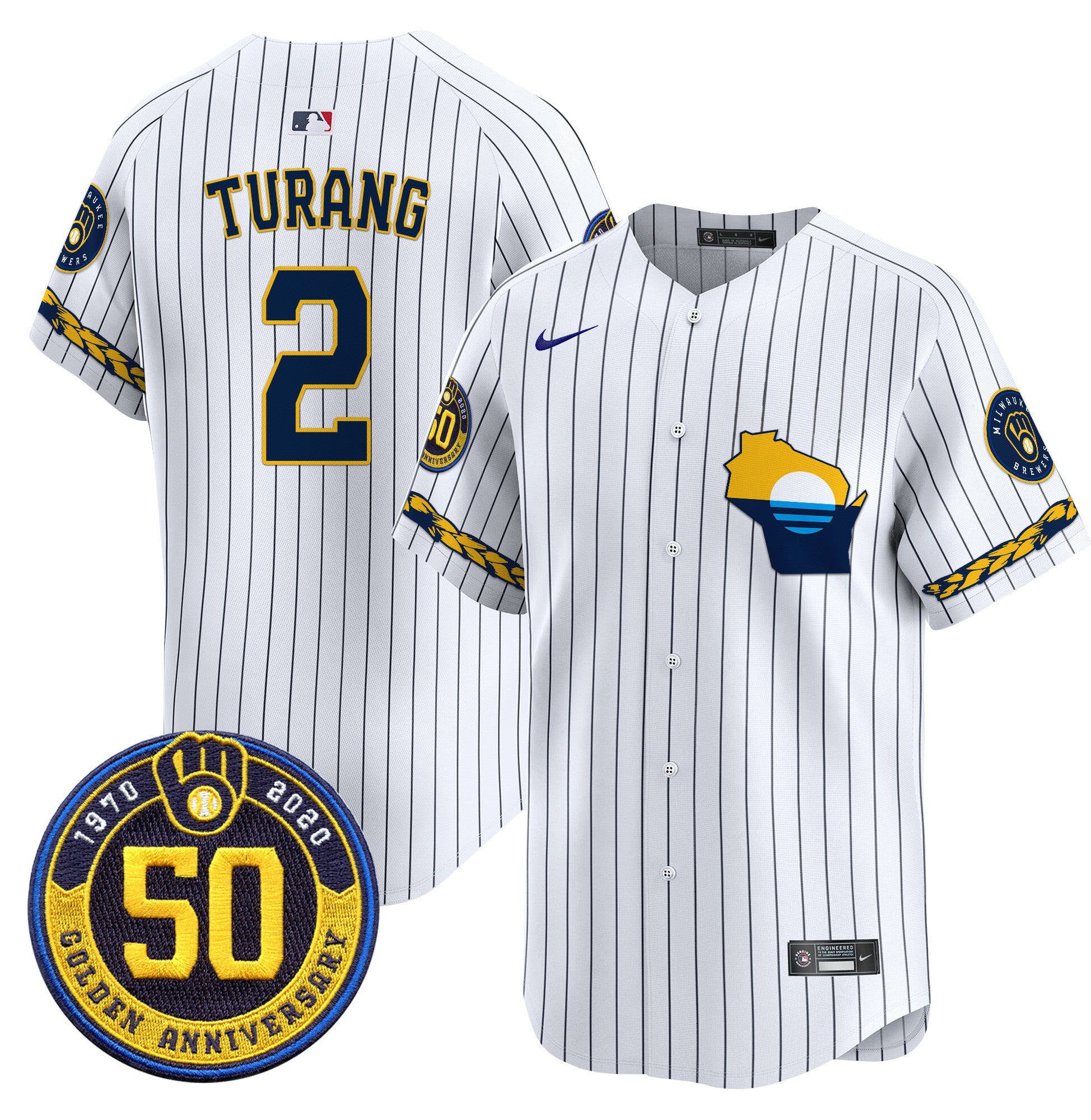 Men's Milwaukee Brewers Golden 50th Anniversary Patch Vapor Premier Limited Jersey - All Stitched - Pinstripe, Brice Turang