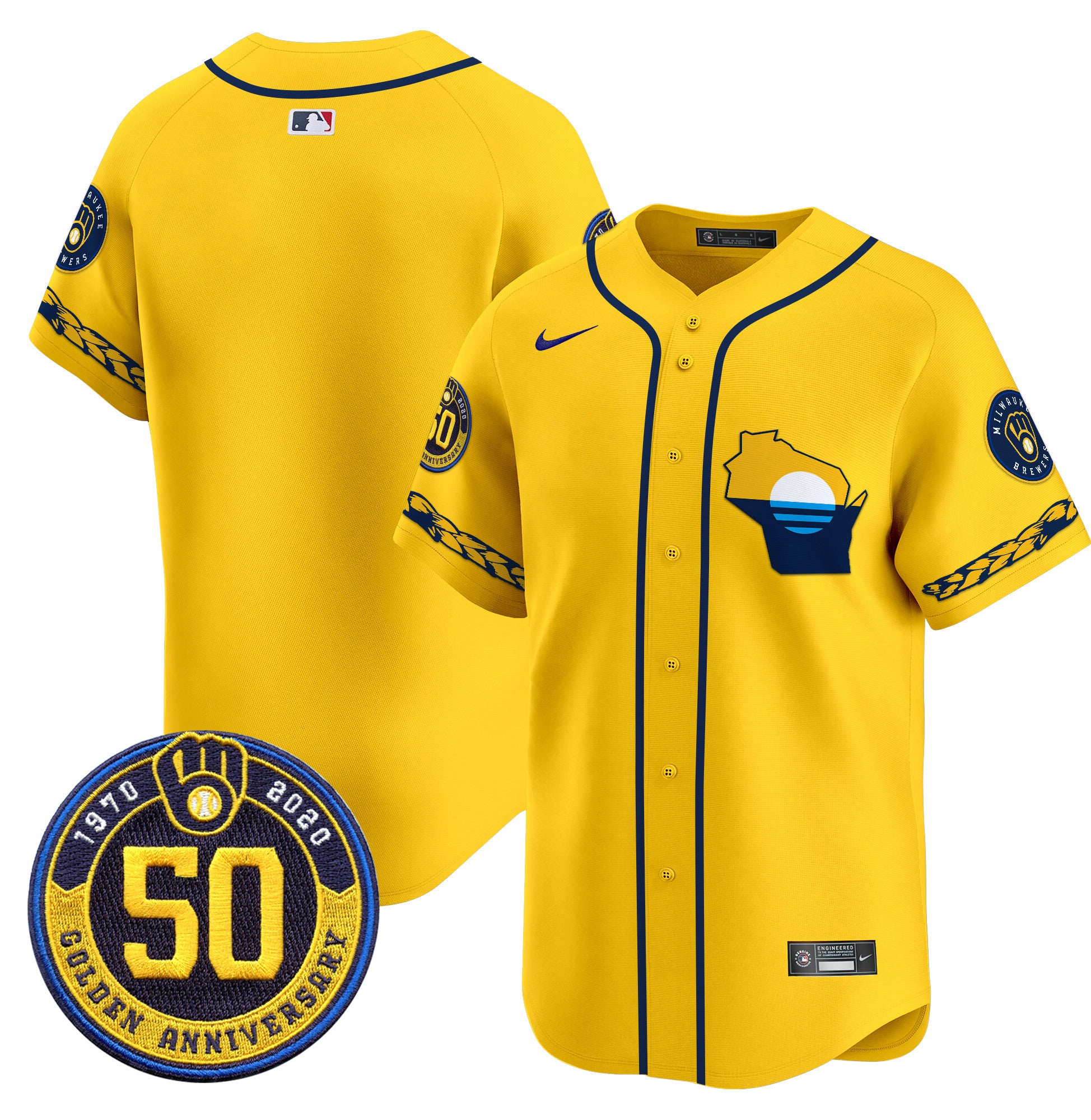 Men's Milwaukee Brewers Golden 50th Anniversary Patch Vapor Premier Limited Jersey - All Stitched - Gold, Team